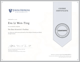 EDUCA
T
ION FOR EVE
R
YONE
CO
U
R
S
E
C E R T I F
I
C
A
TE
COURSE
CERTIFICATE
FEBRUARY 03, 2016
Eva Li Wen-Ting
The Data Scientist’s Toolbox
an online non-credit course authorized by Johns Hopkins University and offered
through Coursera
has successfully completed
Jeff Leek, PhD; Roger Peng, PhD; Brian Caffo, PhD
Department of Biostatistics
Johns Hopkins Bloomberg School of Public Health
Verify at coursera.org/verify/5JB3MA3HWC7Y
Coursera has confirmed the identity of this individual and
their participation in the course.
 