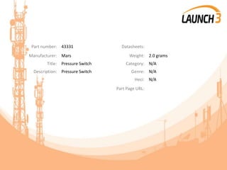 Part number: 43331 Datasheets:
Manufacturer: Mars Weight: 2.0 grams
Title: Pressure Switch Category: N/A
Description: Pressure Switch Genre: N/A
Heci: N/A
Part Page URL:
 