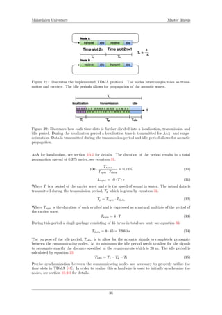 M¨alardalen University Master Thesis
Figure 21: Illustrates the implemented TDMA protocol. The nodes interchanges roles as trans-
mitter and receiver. The idle periods allows for propagation of the acoustic waves.
Figure 22: Illustrates how each time slots is further divided into a localization, transmission and
idle period. During the localization period a localization tone is transmitted for AoA- and range-
estimation. Data is transmitted during the transmission period and idle period allows for acoustic
propagation.
AoA for localization, see section 10.2 for details. The duration of the period results in a total
propagation spread of 0.375 meter, see equation 31.
100 ·
Tsync
Tsym · Tdata
≈ 0.78% (30)
Lsync = 10 · T · c (31)
Where T is a period of the carrier wave and c is the speed of sound in water. The actual data is
transmitted during the transmission period, Tp which is given by equation 32.
Tp = Tsym · Tdata (32)
Where Tsym is the duration of each symbol and is expressed as a natural multiple of the period of
the carrier wave.
Tsym = 4 · T (33)
During this period a single package consisting of 45 bytes in total are sent, see equation 34.
Tdata = 8 · 45 = 320bits (34)
The purpose of the idle period, Tidle, is to allow for the acoustic signals to completely propagate
between the communicating nodes. At its minimum the idle period needs to allow for the signals
to propagate exactly the distance speciﬁed in the requirements which is 20 m. The idle period is
calculated by equation 35
Tidle = Ts − Tp − Tl (35)
Precise synchronization between the communicating nodes are necessary to properly utilize the
time slots in TDMA [41]. In order to realize this a hardwire is used to initially synchronize the
nodes, see section 10.2.4 for details.
36
 