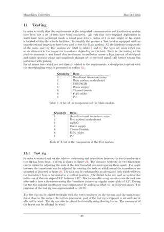 M¨alardalen University Master Thesis
11 Testing
In order to verify that the requirements of the integrated communication and localization modem
have been met a set of tests have been conducted. All tests that have required deployment in
water have been performed inside a round pool with a radius of 2 m and height of 1m which
is located within the schools facilities. To simplify the process a Test modem equipped with an
omnidirectional transducer have been used to test the Main modem. All the hardware components
of the main- and the Test modem are listed in tables 1 and 2. The tests are using either one
or six elements in the respective transducer depending on the test. Early in the testing within
pool environment it was found that continuous transmission causes a high amount of multipath
and causes sporadic phase and magnitude changes of the received signal. All further testing was
performed with pulsing.
For all minor tests which are not directly related to the requirements, a description together with
the corresponding result is presented in section 12.
Quantity Item
1 Directional transducer array
1 Main modem motherboard
1 USB-7845R
1 Power supply
6 Channel boards
6 SMA cables
1 PC
Table 1: A list of the components of the Main modem.
Quantity Item
1 Omnidirectional transducer array
1 Test modem motherboard
1 myRIO
1 Power supply
6 Channel boards
6 SMA cables
1 PC
Table 2: A list of the components of the Test modem.
11.1 Test rig
In order to control and set the relative positioning and orientation between the two transducers a
test rig has been built. The rig is shown in ﬁgure 27. The distance between the two transducer
can be varied by adjusting the nuts of the four threaded iron rods spacing them apart. The angle
between the transducers can be adjusted by rotating the rack on which one of the transducers are
mounted as depicted in ﬁgure 28. The rack can be exchanged to an alternative rack which will turn
the transducer from a horizontal to a vertical position. The drilled holes are used as incremental
indicators of discrete steps of 3.9◦
between ±45◦
. Due to manufacturing uncertainties the rack was
observed to have a skewness causing the transducer to have an angular uncertainty of 3.5◦
. During
the test the angular uncertainty was compensated by adding an oﬀset to the observed angles. The
precision of the test rig was approximated to ±0.75◦
.
The test rig can be placed vertically with the test transducer on the bottom and the main trans-
ducer close to the surface. In vertical placement, part of the test rig is exposed to air and can be
aﬀected by wind. The rig can also be placed horizontally using ﬂoating boyus. The movement of
the boyus can be aﬀected by wind.
39
 