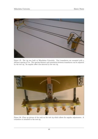 M¨alardalen University Master Thesis
Figure 27: The rig was built at Mlardalens University. Two transducers are mounted with a
distance spacing of 1m. The spacing distance and orientation between transducers can be adjusted
by the test rig. An angular oﬀset was detected in the test rig.
Figure 28: Close up picture of the rack on the test rig which allows for angular adjustments. A
transducer is attached to the test rig.
40
 