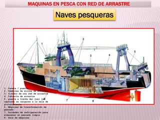 MAQUINAS EN PESCA CON RED DE ARRASTRE
Naves pesqueras
1. Caseta / puente
2. Tambores de winche de arrastre
3. tirador de una red de arrastre
4. Cubierta de arrastre
5. puerta a través del cual las
capturas se cargaran a la sala de
procesamiento
6. Máquinas de transformación de
pescado
7. Unidades de refrigeración para
almacenar el pescado limpio
8. Sala de máquinas
 