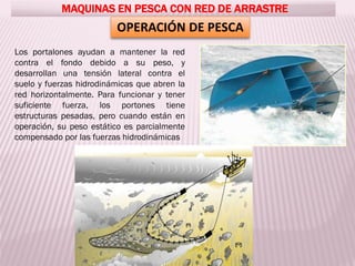 MAQUINAS EN PESCA CON RED DE ARRASTRE
Los portalones ayudan a mantener la red
contra el fondo debido a su peso, y
desarrollan una tensión lateral contra el
suelo y fuerzas hidrodinámicas que abren la
red horizontalmente. Para funcionar y tener
suficiente fuerza, los portones tiene
estructuras pesadas, pero cuando están en
operación, su peso estático es parcialmente
compensado por las fuerzas hidrodinámicas
OPERACIÓN DE PESCA
 