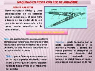 MAQUINAS EN PESCA CON RED DE ARRASTRE
PARTES DEL ARTE DE ARRASTRE
RED DE ARRASTRE
Tiene estructura cónica y unas
prolongaciones en los costados
que se llaman alas , el agua filtra
a través de las mallas de la red
que esta siendo arrastrada y los
peces quedan retenidos en la
bolsa o copo .
Alas.- son prolongaciones laterales en forma
alargada que funcionan a manera de brazos
facilitándola abertura horizontal de la boca
de la red , las alas forman la verdadera zona
de captación de los peces
Cielo .- pieza única que se encuentra
en la tapa superior sirviendo como
visera y evita que los peces escapen
nadando hacia arriba en el momento
del arrastre
Cuerpo .- parte formado por la
parte superior (dorso) y la
inferior ( vientre ), consta de
varios paneles , el cuerpo es un
elemento de dirección del
cardumen capturado ,su
función es dirigir hacia el copo ,
a los peces que entran en la red
 