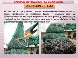 MAQUINAS EN PESCA CON RED DE ARRASTRE
OPERACIÓN DE PESCA
Se “descose” el copo y todo su contenido es vertido en la cubierta del barco,
donde rápidamente es clasificado, lavado y envasado para su
comercialización en las lonjas respectivas de cada puerto y desde allí, se
distribuirá en los diferentes mercados para que podamos disfrutar de los
suculentos manjares que nos depara nuestro mar"
 