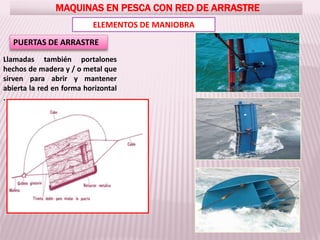 MAQUINAS EN PESCA CON RED DE ARRASTRE
ELEMENTOS DE MANIOBRA
PUERTAS DE ARRASTRE
Llamadas también portalones
hechos de madera y / o metal que
sirven para abrir y mantener
abierta la red en forma horizontal
.
 