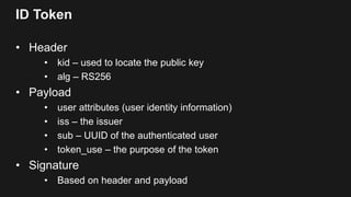 ID Token
• Header
• kid – used to locate the public key
• alg – RS256
• Payload
• user attributes (user identity information)
• iss – the issuer
• sub – UUID of the authenticated user
• token_use – the purpose of the token
• Signature
• Based on header and payload
 