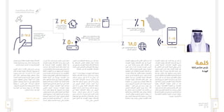 11 10
‫الـسـنـوي‬ ‫الـتـقـريـر‬
‫٧٣٤١هـ‬ - ‫٦٣٤١هـ‬
‫٥١٠٢م‬
‫التطـورات‬ ‫جتاهـل‬ ‫علـى‬ ‫قـادرة‬ ‫دولـة‬ ‫أي‬ ‫تعـد‬ ‫لـم‬
،‫املعلومـات‬ ‫وتقنيـة‬ ‫االتصـاالت‬ ‫مجـال‬ ‫يف‬ ‫السـريعة‬
‫كعنصـر‬ ‫احلديثـة‬ ‫واخلدمـات‬ ‫التقنيـات‬ ‫وتبنـي‬
‫يف‬ ‫التنافـس‬ ‫علـى‬ ‫القـدرة‬ ‫للدولـة‬ ‫يعطـي‬ ‫أساسـي‬
‫الرقميـة‬ ‫الثـورة‬ ‫أثـرت‬ ‫ولقـد‬ .‫القائمـة‬ ‫العوملـة‬ ‫ظـل‬
‫إغفالهـا‬ ‫ميكـن‬ ‫ال‬ ‫بصـورة‬ ‫اإلنسـانية‬ ‫احليـاة‬ ‫علـى‬
‫منـط‬ ‫يف‬ ‫حتكمـت‬ ‫وقـد‬ ،‫مواكبتهـا‬ ‫يصعـب‬ ‫وأحيانـا‬
‫وأصبـح‬ ‫والثقافيـة‬ ‫واالقتصاديـة‬ ‫االجتماعيـة‬ ‫احليـاة‬
‫بقـدرة‬ ‫كبيـر‬ ‫حـد‬ ‫إلـى‬ ‫مرتبـط‬ ‫االقتصـادي‬ ‫التطـور‬
‫مجـال‬ ‫يف‬ ‫السـريع‬ ‫التطـور‬ ‫هـذا‬ ‫مسـايرة‬ ‫علـى‬ ‫الـدول‬
،‫اسـتخدامها‬ ‫وتعزيـز‬ ‫املعلومـات‬ ‫وتقنيـة‬ ‫االتصـاالت‬
‫وتقنيـة‬ ‫االتصـاالت‬ ‫منظومـة‬ ‫تفاعـل‬ ‫أن‬ ‫كمـا‬
‫لـه‬ ‫سـيكون‬ ‫االقتصاديـة‬ ‫املنظومـة‬ ‫مـع‬ ‫املعلومـات‬
‫للمسـتخدم‬ ‫اخلدمـات‬ ‫أفضـل‬ ‫تقـدمي‬ ‫يف‬ ‫األثـر‬ ‫أكبـر‬
‫مختلف‬ ‫بني‬ ‫والتعليـم‬ ‫املعرفـة‬ ‫درجـة‬ ‫وزيـادة‬ ،‫النهائـي‬
‫يف‬ ‫التنميـة‬ ‫حتقيـق‬ ‫إلـى‬ ‫يـؤدي‬ ‫ممـا‬ ‫املجتمـع؛‬ ‫شـرائح‬
‫واالقتصاديـة‬ ‫والثقافيـة‬ ‫العلميـة‬ ‫اجلوانـب‬ ‫مختلـف‬
.‫وغيرهـا‬ ‫واالجتماعيـة‬
‫كلـمـة‬
‫إدارة‬ ‫مجلــس‬ ‫رئيــس‬
‫الهيئـــة‬
،‫التمييز‬ ‫وعدم‬ ‫الشـفافية‬ ‫واضحة‬ ‫أسـس‬ ‫على‬ ‫مبنية‬
‫يف‬ ‫لالسـتثمار‬ ‫اخلـاص‬ ‫للقطـاع‬ ‫املجـال‬ ‫وإتاحـة‬
‫إلى‬ ‫يؤدي‬ ‫مبـا‬ ،‫املعلومـات‬ ‫وتقنيـة‬ ‫االتصـاالت‬ ‫نشـاط‬
‫اعتمـاد‬ ‫وتبنـي‬ ،‫اإلجمالـي‬ ‫احمللـي‬ ‫النـاجت‬ ‫يف‬ ‫إسـهامه‬
.‫املجـاالت‬ ‫شـتى‬ ‫يف‬ ‫اإللكترونيـة‬ ‫التعاملات‬
‫فقد‬ ‫5102م‬ ‫عـام‬ ‫وبنهايـة‬ ‫املجهـودات؛‬ ‫لتلـك‬ ‫ونتيجـة‬
‫املتنقلـة‬ ‫االتصـاالت‬ ‫خدمـات‬ ‫انتشـار‬ ‫نسـبة‬ ‫وصلـت‬
،‫السـكان‬ ‫مسـتوى‬ ‫علـى‬ )%167.5( ‫حوالـي‬ ‫إلـى‬
‫إلـى‬ ‫الثابتـة‬ ‫االتصـاالت‬ ‫خدمـات‬ ‫انتشـار‬ ‫ونسـبة‬
‫بلغـت‬ ‫كمـا‬ ،‫املسـاكن‬ ‫مسـتوى‬ ‫علـى‬ )%34( ‫حوالـي‬
‫عبـر‬ ‫العريـض‬ ‫النطـاق‬ ‫خدمـات‬ ‫انتشـار‬ ‫نسـبة‬
‫علـى‬ )%50( ‫حوالـي‬ ‫الثابتـة‬ ‫االتصـاالت‬ ‫شـبكات‬
‫النطـاق‬ ‫خدمـات‬ ‫انتشـار‬ ‫ونسـبة‬ ،‫املسـاكن‬ ‫مسـتوى‬
‫إلـى‬ ‫املتنقلـة‬ ‫االتصـاالت‬ ‫شـبكات‬ ‫عبـر‬ ‫العريـض‬
‫ونسـبة‬ ، ‫السـكان‬ ‫مسـتوى‬ ‫علـى‬ )%106( ‫حوالـي‬
‫مسـتوى‬ ‫على‬ )%68.5( ‫حوالي‬ ‫إلى‬ ‫اإلنترنت‬ ‫انتشـار‬
‫قطاع‬ ‫إسـهام‬ ‫بلغ‬ ‫فقـد‬ ‫ذلـك‬ ‫إلـى‬ ‫باإلضافـة‬ .‫السـكان‬
‫احمللـي‬ ‫النـاجت‬ ‫يف‬ ‫املعلومـات‬ ‫وتقنيـة‬ ‫االتصـاالت‬
.)%6( ‫حوالـي‬ ‫اإلجمالـي‬
‫بدء‬ ‫على‬ ً‫ا‬‫عامـ‬ ‫عشـر‬ ‫خمسـة‬ ‫يقـارب‬ ‫مـا‬ ‫ملـرور‬ ً‫ا‬‫ونظـر‬
‫املعلومـات‬ ‫وتقنيـة‬ ‫االتصـاالت‬ ‫خدمـات‬ ‫أسـواق‬ ‫فتـح‬
‫يف‬ ‫املتسـارعة‬ ‫التقنيـة‬ ‫والتطـورات‬ ،‫اململكـة‬ ‫يف‬
‫اسـتدعت‬ ‫فقـد‬ ،‫املاضيـة‬ ‫الفتـرة‬ ‫خلال‬ ‫املجـال‬ ‫هـذا‬
‫وحتديـد‬ ‫للقطـاع‬ ‫احلالـي‬ ‫الوضـع‬ ‫تقييـم‬ ‫إلـى‬ ‫احلاجـة‬
‫العاملية‬ ‫التطورات‬ ‫ودراسـة‬ ،‫يواجهها‬ ‫التي‬ ‫الصعوبات‬
‫ضمـن‬ ‫طموحـة‬ ‫أهـداف‬ ‫وضـع‬ ‫ثـم‬ ‫ومـن‬ ،‫واإلقليميـة‬
‫معاجلـة‬ ‫بهـدف‬ ‫القطـاع‬ ‫لتطويـر‬ ‫شـاملة‬ ‫اسـتراتيجية‬
‫العامليـة‬ ‫الريـادة‬ ‫إلـى‬ ً‫ال‬‫ووصـو‬ ،‫التحديـات‬ ‫هـذه‬
‫خلال‬ ‫وأهدافهـا‬ ‫الدولـة‬ ‫لـرؤى‬ ً‫وحتقيقـا‬ ،‫واإلقليميـة‬
‫االسـتراتيجية‬ ‫مسـودة‬ ‫اشـتملت‬ ‫وقـد‬ .‫املقبلـة‬ ‫الفتـرة‬
،‫التحتية‬ ‫البنية‬ ‫وهي‬ ‫هامـة‬ ‫محاور‬ ‫أربعـة‬ ‫علـى‬ ‫العامـة‬
‫االتصـاالت‬ ‫ومهـارات‬ ،‫املعلومـات‬ ‫تقنيـة‬ ‫وصناعـة‬
،‫الرقمـي‬ ‫التحـول‬ ‫ومبـادرات‬ ،‫املعلومـات‬ ‫وتقنيـة‬
‫أجنـدة‬ ‫لتمثـل‬ ‫مجملهـا‬ ‫يف‬ ‫التوجهـات‬ ‫هـذه‬ ‫وتهـدف‬
.‫الوطني‬ ‫املسـتوى‬ ‫على‬ ‫الرقمـي‬ ‫التحـول‬ ‫نحـو‬ ‫اململكـة‬
‫تطوير‬ ‫استراتيجية‬ ‫تنفيذ‬ ‫والهيئة‬ ‫الوزارة‬ ‫وستواصل‬
‫املوضوعـة‬ ‫االسـتراتيجية‬ ‫الرؤيـة‬ ‫وحتقيـق‬ ‫القطـاع‬
‫مجتمع‬ ‫إلـى‬ ‫«التحـول‬ ‫يف‬ ‫واملتمثلـة‬ ‫0202م‬ ‫عـام‬ ‫حتـى‬
‫خدمات‬ ‫وتوفيـر‬ ،‫اإلنتاجيـة‬ ‫لزيـادة‬ ،‫رقمـي‬ ‫واقتصـاد‬
‫التقنيـات‬ ‫وظهـور‬ ‫املتسـارع‬ ‫التقنـي‬ ‫التطـور‬ ‫أدى‬ ‫لقـد‬
‫املعلومـات‬ ‫وتقنيـة‬ ‫االتصـاالت‬ ‫عالـم‬ ‫يف‬ ‫احلديثـة‬
‫مـن‬ ‫املزيـد‬ ‫وإتاحـة‬ ‫جديـدة‬ ‫آفـاق‬ ‫اكتشـاف‬ ‫إلـى‬
‫الثـورة‬ ‫هـذه‬ ‫أن‬ ‫كمـا‬ .‫والواعـدة‬ ‫اجلديـدة‬ ‫الفـرص‬
‫جديـدة‬ ‫شـراكات‬ ‫لنمـاذج‬ ‫الطريـق‬ ‫سـتمهد‬ ‫الرقميـة‬
‫احلكوميـة‬ ‫غيـر‬ ‫واملنظمـات‬ ‫التجاريـة‬ ‫الشـركات‬ ‫مـع‬
،‫متعـددة‬ ‫مجـاالت‬ ‫يف‬ ‫واألفـراد‬ ‫احملليـة‬ ‫واملجتمعـات‬
‫خدمـات‬ ‫تقـدمي‬ ‫طريقـة‬ ‫يف‬ ‫جـذري‬ ‫تغييـر‬ ‫إلحـداث‬
‫املنطلـق‬ ‫هـذا‬ ‫ومـن‬ .‫املعلومـات‬ ‫وتقنيـة‬ ‫االتصـاالت‬
‫املعلومـات‬ ‫وتقنيـة‬ ‫االتصـاالت‬ ‫قطـاع‬ ‫حظـي‬ ‫فقـد‬
‫احلكومـة‬ ‫مـن‬ ‫كبيريـن‬ ‫ودعـم‬ ‫باهتمـام‬ ‫اململكـة‬ ‫يف‬
‫وسـمو‬ ‫الشـريفني‬ ‫احلرمين‬ ‫خـادم‬ ‫بقيـادة‬ ‫الرشـيدة‬
‫حفظهـم‬ - ‫العهـد‬ ‫ولـي‬ ‫ولـي‬ ‫وسـمو‬ ،‫عهـده‬ ‫ولـي‬
‫القصـوى‬ ‫االسـتفادة‬ ‫حتقيـق‬ ‫بهـدف‬ ‫وذلـك‬ ،-‫اهلل‬
‫يف‬ ‫املواطـن‬ ‫يخـدم‬ ‫مبـا‬ ‫القطـاع‬ ‫هـذا‬ ‫إمكانـات‬ ‫مـن‬
‫فاعلية‬ ‫زيادة‬ ‫إلـى‬ ‫باإلضافة‬ ‫عليـه؛‬ ‫ـر‬ ّ‫س‬َ‫ي‬ُ‫ي‬‫و‬ ،‫تعامالتـه‬
،‫األعمـال‬ ‫وقطـاع‬ ،‫احلكوميـة‬ ‫املرافـق‬ ‫مختلـف‬ ‫أداء‬
‫ورفع‬ ،‫التنمية‬ ‫بعجلة‬ ‫الدفع‬ ‫يف‬ ‫مساهمته‬ ‫عن‬ ً‫ال‬‫فض‬
‫اسـتثمارية‬ ‫بيئـة‬ ‫وإيجـاد‬ ‫الوطنـي؛‬ ‫االقتصـاد‬ ‫كفـاءة‬
،‫املجتمع‬ ‫شـرائح‬ ‫لكافة‬ ‫املعلومات‬ ‫وتقنية‬ ‫االتصاالت‬
‫هذا‬ ‫يف‬ ‫قويـة‬ ‫صناعـة‬ ‫وبنـاء‬ ،‫البلاد‬ ‫أنحـاء‬ ‫جميـع‬ ‫يف‬
»‫للدخل‬ ‫الرئيسـة‬ ‫املصـادر‬ ‫أحـد‬ ‫لتصبـح‬ ‫القطـاع‬
‫التقريـر‬ ‫أقـدم‬ ‫أن‬ ،‫اإلدارة‬ ‫مجلـس‬ ‫باسـم‬ ،‫ويسـرني‬
‫للعـام‬ ‫املعلومـات‬ ‫وتقنيـة‬ ‫االتصـاالت‬ ‫لهيئـة‬ ‫السـنوي‬
‫يسـتعرض‬ ‫الـذي‬ ‫(5102م)؛‬ ‫6341/7341هــ‬ ‫املالـي‬
‫العـام‬ ‫خلال‬ ،‫وإجنازاتهـا‬ ‫الهيئـة‬ ‫نشـاطات‬ ‫مجمـل‬
‫ألعضـاء‬ ‫الشـكر‬ ‫لتقـدمي‬ ‫الفرصـة‬ ً‫ا‬‫منتهـز‬ ،‫املنصـرم‬
‫وجميـع‬ ‫محافظهـا‬ ‫ومعالـي‬ ،‫الهيئـة‬ ‫إدارة‬ ‫مجلـس‬
‫لتحقيـق‬ ‫ويبذلونـه؛‬ ،‫بذلـوه‬ ‫مـا‬ ‫علـى‬ ‫فيهـا‬ ‫العاملين‬
‫يحفـظ‬ ‫أن‬ – ‫القديـر‬ ‫العلـي‬ – ‫اهلل‬ ً‫ا‬‫داعيـ‬ ،‫أهدافهـا‬
-‫الشـريفني‬ ‫احلرمني‬ ‫خـادم‬ ‫بقيـادة‬ ‫العزيـز‬ ‫بلدنـا‬ ‫لنـا‬
‫مبـا‬ ‫القيـام‬ ‫علـى‬ ً‫ا‬‫جميعـ‬ ‫يعيننـا‬ ‫وأن‬ -‫اهلل‬ ‫حفظـه‬
.‫وإخلاص‬ ‫بأمانـة‬ ‫إلينـا‬ ‫أوكل‬
‫الهيئة‬ ‫إدارة‬ ‫مجلس‬ ‫رئيس‬
‫السويل‬ ‫ابراهيم‬ ‫بن‬ ‫محمد‬ .‫د‬
٢٠١٥
‫وﺗﻘﻨﻴﺔ‬ ‫اﻻﺗﺼﺎﻻت‬ ‫ﻗﻄﺎع‬ ‫إﺳﻬﺎم‬ ‫ﺑﻠﻎ‬
‫اﻟﻤﺤﻠﻲ‬ ‫اﻟﻨﺎﺗﺞ‬ ‫ﻓﻲ‬ ‫اﻟﻤﻌﻠﻮﻣﺎت‬
‫اﻹﺟﻤﺎﻟﻲ‬
١٠٦
‫٥١٠٢م‬ ‫ﻋﺎم‬ ‫ﺑﻨﻬﺎﻳﺔ‬‫ﻋﻠﻰ‬ ‫اﻹﻧﺘﺮﻧﺖ‬ ‫اﻧﺘﺸﺎر‬ ‫ﻧﺴﺒﺔ‬
‫اﻟﺴﻜﺎن‬ ‫ﻣﺴﺘﻮى‬
‫اﻟﻨﻄﺎق‬ ‫ﺧﺪﻣﺎت‬ ‫اﻧﺘﺸﺎر‬ ‫ﻧﺴﺒﺔ‬
‫اﻻﺗﺼﺎﻻت‬ ‫ﺷﺒﻜﺎت‬ ‫ﻋﺒﺮ‬ ‫اﻟﻌﺮﻳﺾ‬
‫اﻟﺴﻜﺎن‬ ‫ﻣﺴﺘﻮى‬ ‫ﻋﻠﻰ‬ ‫اﻟﻤﺘﻨﻘﻠﺔ‬
٥٠
١٦٧.٥ ‫اﻟﻨﻄﺎق‬ ‫ﺧﺪﻣﺎت‬ ‫اﻧﺘﺸﺎر‬ ‫ﻧﺴﺒﺔ‬ ‫ﺑﻠﻐﺖ‬
‫اﻟﺜﺎﺑﺘﺔ‬ ‫اﻻﺗﺼﺎﻻت‬ ‫ﺷﺒﻜﺎت‬ ‫ﻋﺒﺮ‬ ‫اﻟﻌﺮﻳﺾ‬
‫اﻟﻤﺴﺎﻛﻦ‬ ‫ﻣﺴﺘﻮى‬ ‫ﻋﻠﻰ‬
‫ﺧﺪﻣﺎت‬ ‫اﻧﺘﺸﺎر‬ ‫ﻧﺴﺒﺔ‬
‫إﻟﻰ‬ ‫اﻟﻤﺘﻨﻘﻠﺔ‬ ‫اﻻﺗﺼﺎﻻت‬
‫ﻋﻠﻰ‬ (٪١٦٧٫٥) ‫ﺣﻮاﻟﻲ‬
‫اﻟﺴﻜﺎن‬ ‫ﻣﺴﺘﻮى‬
٦٨٫٥
٦‫ﺧﺪﻣﺎت‬ ‫اﻧﺘﺸﺎر‬ ‫ﻧﺴﺒﺔ‬
‫ﻋﻠﻰ‬ ‫اﻟﺜﺎﺑﺘﺔ‬ ‫اﻻﺗﺼﺎﻻت‬
‫اﻟﻤﺴﺎﻛﻦ‬ ‫ﻣﺴﺘﻮى‬
٣٤
 