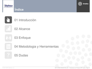 SAP FORUM ARGENTINA 2007 - Presentación de Proyecto ERP Latam | Página 3© 2007 INDRA Sistemas, S.A.
01 Introducción
02 Alcance
03 Enfoque
04 Metodologia y Herramientas
05 Dudas
Índice
 