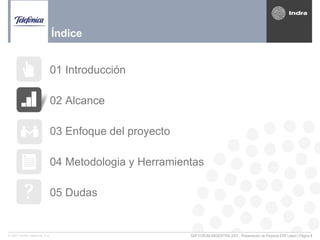 SAP FORUM ARGENTINA 2007 - Presentación de Proyecto ERP Latam | Página 5© 2007 INDRA Sistemas, S.A.
01 Introducción
02 Alcance
03 Enfoque del proyecto
04 Metodologia y Herramientas
05 Dudas
Índice
 