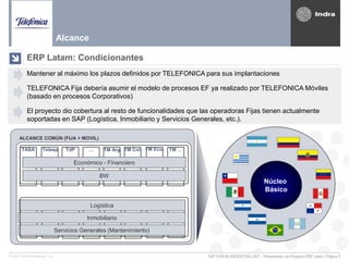 SAP FORUM ARGENTINA 2007 - Presentación de Proyecto ERP Latam | Página 7© 2007 INDRA Sistemas, S.A.
Alcance
ERP Latam: Condicionantes
Mantener al máximo los plazos definidos por TELEFONICA para sus implantaciones
TELEFONICA Fija debería asumir el modelo de procesos EF ya realizado por TELEFONICA Móviles
(basado en procesos Corporativos)
El proyecto dio cobertura al resto de funcionalidades que las operadoras Fijas tienen actualmente
soportadas en SAP (Logística, Inmobiliario y Servicios Generales, etc.).
Sistema Regional (SAP 5.0)
Telesp TdPTASA TM Arg TM Col.… TM Ecu. TM …
Económico - Financiero
BW
ALCANCE COMÚN (FIJA + MOVIL)
Logística
Inmobiliario
Servicios Generales (Mantenimiento)
Núcleo
Básico
 