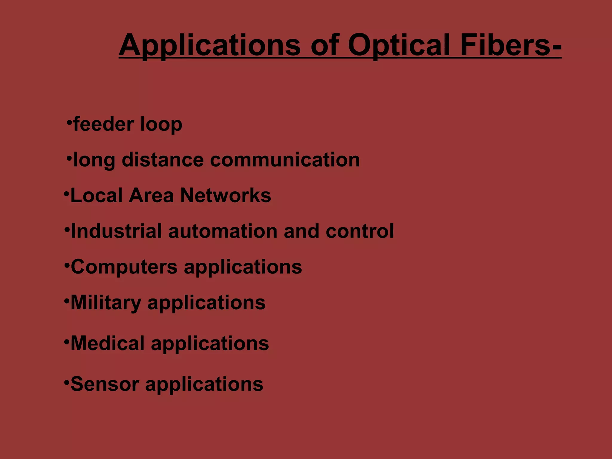 Applications of Optical Fibers-
•long distance communication
•feeder loop
•Local Area Networks
•Industrial automation and control
•Computers applications
•Military applications
•Medical applications
•Sensor applications
 