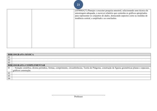 21
(EF08MA27) Planejar e executar pesquisa amostral, selecionando uma técnica de
amostragem adequada, e escrever relatório que contenha os gráficos apropriados
para representar os conjuntos de dados, destacando aspectos como as medidas de
tendência central, a amplitude e as conclusões.
BIBLIOGRAFIA BÁSICA
01
02
03
BIBLIOGRAFIA COMPLEMENTAR
01 - Notação científica, dízima periódica, formas, comprimento, circunferências, Teoria de Pitágoras, construção de figuras geométricas planas e espaciais,
gráficos construção.
02
G
03
04
________________________________________________
Professor
 