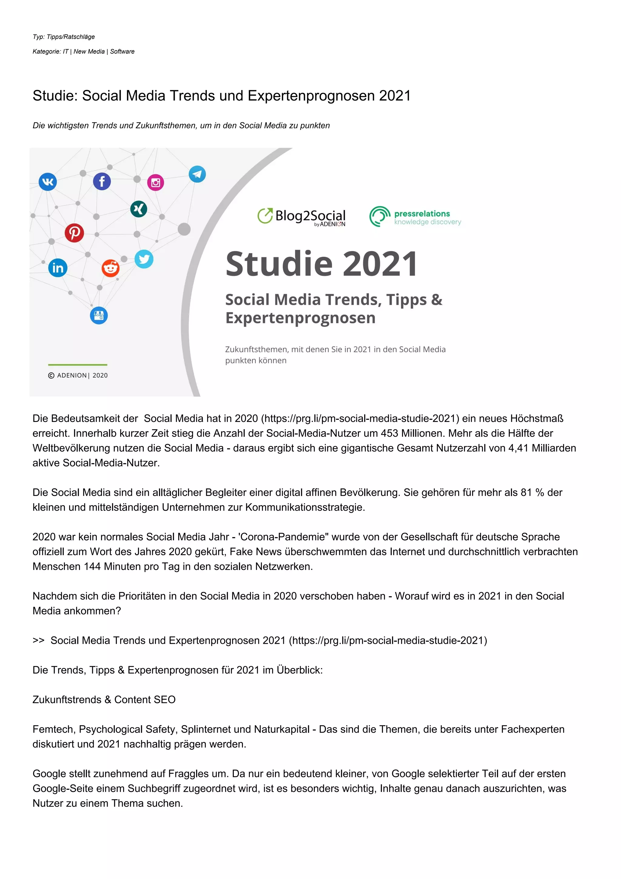 Studie: Social Media Trends und Expertenprognosen 2021