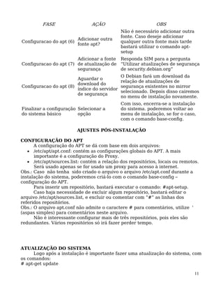 11
FASE AÇÃO OBS
Configuracao do apt (6)
Adicionar outra
fonte apt?
Não é necessário adicionar outra
fonte. Caso deseje adicionar
qualquer outra fonte mais tarde
bastará utilizar o comando apt-
setup
Configuracao do apt (7)
Adicionar a fonte
de atualização de
segurança
Responda SIM para a pergunta
“Utilizar atualizações de segurança
de security.debian.org”
Configuracao do apt (8)
Aguardar o
download do
índice do servidor
de segurança
O Debian fará um download da
relação de atualizações de
segurança existentes no mirror
selecionado. Depois disso cairemos
no menu de instalação novamente.
Finalizar a configuração
do sistema básico
Selecionar a
opção
Com isso, encerra-se a instalação
do sistema. poderemos voltar ao
menu de instalação, se for o caso,
com o comando base-config.
AJUSTES PÓS-INSTALAÇÃO
CONFIGURAÇÃO DO APT
A configuração do APT se dá com base em dois arquivos:
• /etc/apt/apt.conf: contém as configurações globais do APT. A mais
importante é a configuração do Proxy.
• /etc/apt/sources.list: contém a relação dos repositórios, locais ou remotos.
Será usado apenas se for usado um proxy para acesso à internet.
Obs.: Caso não tenha sido criado o arquivo o arquivo /etc/apt.conf durante a
instalação do sistema, poderemos criá-lo com o comando base-config –
configuração do APT.
Para inserir um repositório, bastará executar o comando: #apt-setup.
Caso haja necessidade de excluir algum repositório, bastará editar o
arquivo /etc/apt/sources.list, e excluir ou comentar com “#” as linhas dos
referidos repositórios.
Obs.: O arquivo apt.conf não admite o caractere # para comentários, utilize '
(aspas simples) para comentários neste arquivo.
Não é interessante configurar mais de três repositórios, pois eles são
redundantes. Vários repositórios só irá fazer perder tempo.
ATUALIZAÇÃO DO SISTEMA
Logo após a instalação é importante fazer uma atualização do sistema, com
os comandos:
# apt-get update
 