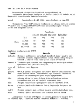 15
hd3 HD Slave da 2ª IDE (/dev/hdd).
O arquivo de configuração do GRUB é /boot/grub/menu.lst.
A resolução no ambiente Shell pode ser definida pelo GRUB na linha kernel
do arquivo de configuração /boot/grub/menu.lst.
kernel /boot/vmlinux-2.4.27-2-386 root=dev/hda6 ro vga=771
O argumento “vga=771” define a resolução a ser adotada no Shell, no caso
771 refere-se a resolução 800x600x256cores. Essa configuração é feita de
acordo com a seguinte tabela:
Resoluções
640x480 800x600 1024x768 1280x1024
256 769 771 773 775
32.768 784 787 790 793
65.536 785 788 791 794
Cores
16.777.16 786 789 792 795
Opções de configuração do GRUB:
Opção Função
default x Refere-se ao bloco que por default, dará boot. Caso o usuário não
selecione nenhuma opção dentro do tempo estabelecido pela opção
timeout. O x refere-se ao bloco que irá iniciar por default.
timeout x Estabelece que o usuário terá x segundos para decidir qual sistema
operacional dará partida na máquina.
color a/b
c/d
Define as cores do menu.
passwd
xxx
O GRUB permite a edição de parâmetros de boot diretamente na tela
menu durante o boot, Caso esta linha seja acrescida, a senha xxx
terá que ser digitada para que a edição seja permitida.
title Além de iniciar um bloco define o título, referente ao sistema
operacional, que será apresentado no menu de boot.
root Designa o dispositivo e partição que contém o diretório /boot.
kernel Contém a localização do kernel dentro da partição designada por
root.
initrd Designa o arquivo que contém a imagem a ser inicializada no boot.
boot Permite a edição do bloco na tela de menu, durante o boot.
A imagem de fundo do GRUB pode ser trocada, para isso a imagem deve
ter extensão .xpm, 14 cores no máximo e 640x480 de tamanho. Podemos
 