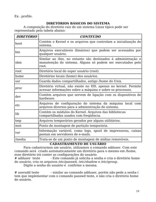 19
Ex: .profile.
DIRETÓRIOS BÁSICOS DO SISTEMA
A composição do diretório raiz de um sistema Linux típico pode ser
representado pela tabela abaixo:
DIRETÓRIO CONTEÚDO
boot
Contém o Kernel e os arquivos que controlam a inicialização do
sistema.
bin
Arquivos executáveis (binários) que podem ser acessados por
qualquer usuário.
sbin
Similar ao /bin, no entanto são destinados á administração e
manutenção do sistema. Alguns só podem ser executados pelo
root.
root Diretório local do super usuário (root).
home Diretórios locais (home) dos usuários.
usr Guarda dados compartilhados, antigo /home do Unix.
proc
Diretório virtual, não existe no HD, apenas no kernel. Permite
acessar informações sobre a máquina e sobre os processos.
dev
Contém arquivos que servem de ligação com os dispositivos de
hardware.
etc
Arquivos de configuração do sistema da máquina local com
arquivos diversos para a administração do sistema.
lib
Contém os módulos do Kernel. Arquivos das bibliotecas
compartilhadas usados com freqüência.
tmp Arquivos temporários gerados por alguns utilitários.
mnt Ponto de montagem de partição temporária.
var
Informação variável, como logs, spool de impressoras, caixas
postais em servidores de e-mails.
/media Trata-se de um ponto de montagem de mídias removíveis.
CADASTRAMENTO DE USUÁRIO
Para cadastrarmos um usuário, utilizamos o comando adduser. Com este
comando será criado automaticamente um diretório para o mesmo em /home,
esse diretório irá conter as configurações do usuário.
# adduser teste - Este comando já solicita a senha e cria o diretório home
do usuário, cria os arquivos /etc/passwd, /etc/shadow e /etc/group.
Digite a senha do usuário e confirme a mesma.
# useradd teste - similar ao comando adduser, porém não pede a senha (
tem que implementar com o comando passwd teste, e não cria o diretório home
do usuário.
 