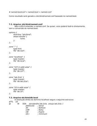 49
# named-bootconf < named.boot > named.conf
Como resultado será gerado o /etc/bind/named.conf baseado no named.boot.
7.2. Arquivo /etc/bind/named.conf
Não é difícil entender o named.conf. Se quiser, voce poderá fazê-lo diretamente,
sem a conversão do named.boot.
options {
directory "/etc/bind";
allow-transfer {
none;
};
};
zone "." {
type hint;
file "db.root";
};
zone "localhost" {
type master;
file "db.local";
};
zone "127.in-addr.arpa" {
type master;
file "db.127";
};
zone "lab.2cta" {
type master;
file "db.lab.2cta";
};
zone "10.in-addr.arpa" {
type master;
file "db.10";
};
7.3. Arquivo etc/bind/db.local
A resolução direta do dominio localhost segue a seguinte estrutura:
$TTL 1D
@ IN SOA servidordns.lab.2cta. araujo.lab.2cta. (
20051101 ; Serial
3H ; Refresh
15M ; Retry
1W ; Expire
1D ) ; minimum
 