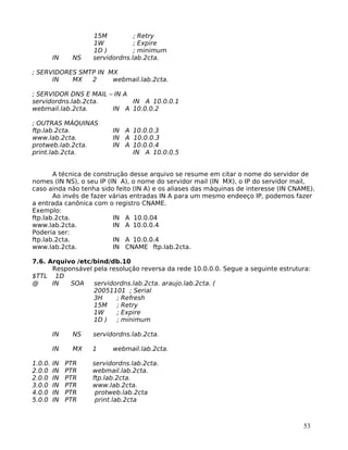 53
15M ; Retry
1W ; Expire
1D ) ; minimum
IN NS servidordns.lab.2cta.
; SERVIDORES SMTP IN MX
IN MX 2 webmail.lab.2cta.
; SERVIDOR DNS E MAIL – IN A
servidordns.lab.2cta. IN A 10.0.0.1
webmail.lab.2cta. IN A 10.0.0.2
; OUTRAS MÁQUINAS
ftp.lab.2cta. IN A 10.0.0.3
www.lab.2cta. IN A 10.0.0.3
protweb.lab.2cta. IN A 10.0.0.4
print.lab.2cta. IN A 10.0.0.5
A técnica de construção desse arquivo se resume em citar o nome do servidor de
nomes (IN NS), o seu IP (IN A), o nome do servidor mail (IN MX), o IP do servidor mail,
caso ainda não tenha sido feito (IN A) e os aliases das máquinas de interesse (IN CNAME).
Ao invés de fazer várias entradas IN A para um mesmo endeeço IP, podemos fazer
a entrada canônica com o registro CNAME.
Exemplo:
ftp.lab.2cta. IN A 10.0.04
www.lab.2cta. IN A 10.0.0.4
Poderia ser:
ftp.lab.2cta. IN A 10.0.0.4
www.lab.2cta. IN CNAME ftp.lab.2cta.
7.6. Arquivo /etc/bind/db.10
Responsável pela resolução reversa da rede 10.0.0.0. Segue a seguinte estrutura:
$TTL 1D
@ IN SOA servidordns.lab.2cta. araujo.lab.2cta. (
20051101 ; Serial
3H ; Refresh
15M ; Retry
1W ; Expire
1D ) ; minimum
IN NS servidordns.lab.2cta.
IN MX 1 webmail.lab.2cta.
1.0.0. IN PTR servidordns.lab.2cta.
2.0.0 IN PTR webmail.lab.2cta.
2.0.0 IN PTR ftp.lab.2cta.
3.0.0 IN PTR www.lab.2cta.
4.0.0 IN PTR protweb.lab.2cta
5.0.0 IN PTR print.lab.2cta
 