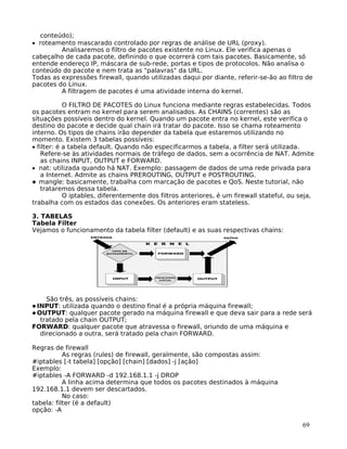 69
conteúdo);
• roteamento mascarado controlado por regras de análise de URL (proxy).
Analisaremos o filtro de pacotes existente no Linux. Ele verifica apenas o
cabeçalho de cada pacote, definindo o que ocorrerá com tais pacotes. Basicamente, só
entende endereço IP, máscara de sub-rede, portas e tipos de protocolos. Não analisa o
conteúdo do pacote e nem trata as "palavras" da URL.
Todas as expressões firewall, quando utilizadas daqui por diante, referir-se-ão ao filtro de
pacotes do Linux.
A filtragem de pacotes é uma atividade interna do kernel.
O FILTRO DE PACOTES do Linux funciona mediante regras estabelecidas. Todos
os pacotes entram no kernel para serem analisados. As CHAINS (correntes) são as
situações possíveis dentro do kernel. Quando um pacote entra no kernel, este verifica o
destino do pacote e decide qual chain irá tratar do pacote. Isso se chama roteamento
interno. Os tipos de chains irão depender da tabela que estaremos utilizando no
momento. Existem 3 tabelas possíveis:
• filter: é a tabela default. Quando não especificarmos a tabela, a filter será utilizada.
Refere-se às atividades normais de tráfego de dados, sem a ocorrência de NAT. Admite
as chains INPUT, OUTPUT e FORWARD.
• nat: utilizada quando há NAT. Exemplo: passagem de dados de uma rede privada para
a Internet. Admite as chains PREROUTING, OUTPUT e POSTROUTING.
mangle: basicamente, trabalha com marcação de pacotes e QoS. Neste tutorial, não
trataremos dessa tabela.
O iptables, diferentemente dos filtros anteriores, é um firewall stateful, ou seja,
trabalha com os estados das conexões. Os anteriores eram stateless.
3. TABELAS
Tabela Filter
Vejamos o funcionamento da tabela filter (default) e as suas respectivas chains:
São três, as possíveis chains:
INPUT: utilizada quando o destino final é a própria máquina firewall;
OUTPUT: qualquer pacote gerado na máquina firewall e que deva sair para a rede será
tratado pela chain OUTPUT;
FORWARD: qualquer pacote que atravessa o firewall, oriundo de uma máquina e
direcionado a outra, será tratado pela chain FORWARD.
Regras de firewall
As regras (rules) de firewall, geralmente, são compostas assim:
#iptables [-t tabela] [opção] [chain] [dados] -j [ação]
Exemplo:
#iptables -A FORWARD -d 192.168.1.1 -j DROP
A linha acima determina que todos os pacotes destinados à máquina
192.168.1.1 devem ser descartados.
No caso:
tabela: filter (é a default)
opção: -A
 