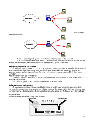 75
...e os entrega
aos solicitantes:
O único endereço IP que irá circular na Internet será o do firewall.
O mascaramento também possui um esquema de funcionamento. Como haverá
trocas de endereços, deveremos utilizar a tabela NAT para fazer isso.
Redirecionamento de portas
O redirecionamento de portas ocorre quando desejamos alterar a porta de destino de
uma requisição. Exemplo: tudo que for destinado à porta 23 de qualquer máquina,
quando passar pela máquina firewall, será redirecionado para a porta 10000 de outro
servidor.
Redirecionamento de servidores
Todos os pacotes destinados a um servidor serão redirecionados para outro servidor.
Proxy transparente
É a técnica que força o uso de um servidor proxy na rede.
Balanceamento de carga
O balanceamento de carga (load balance) é uma técnica utilizada para distribuir
carga entre servidores sincronizados. O load balance é o ato de distribuir os clientes aos
servidores mais desocupados. Esse trabalho também pode ser feito por servidores DNS.
A tabela NAT
A tabela NAT funciona da seguinte forma:
 