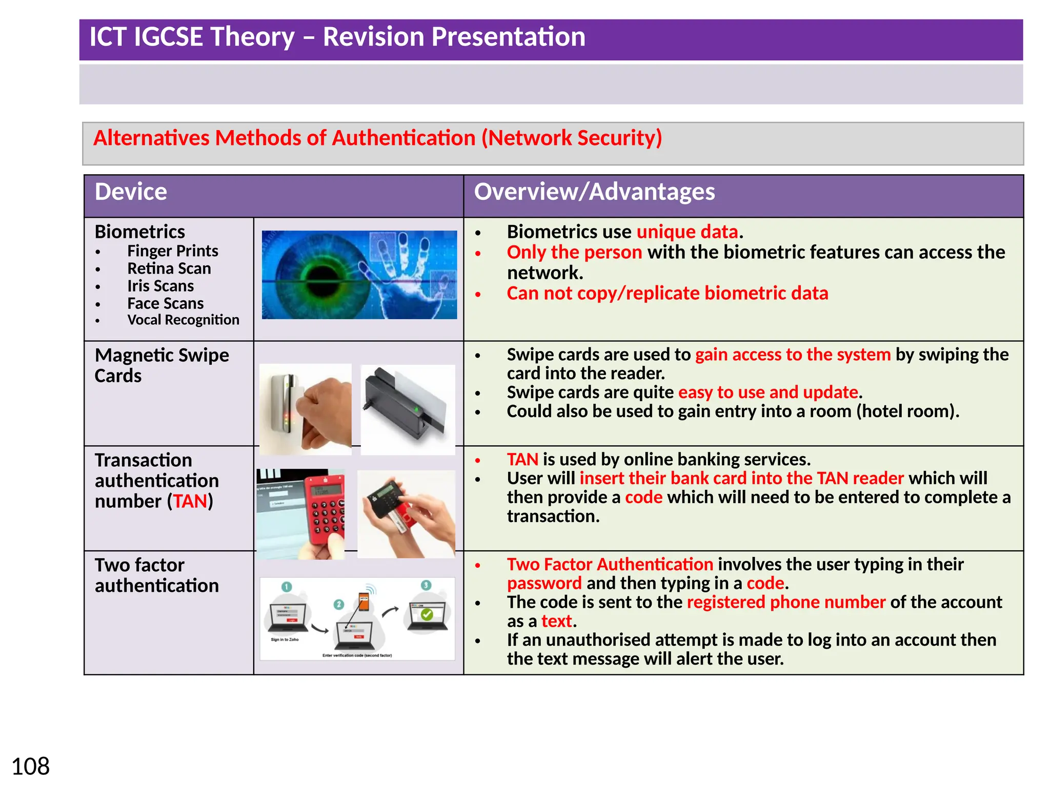 ICT IGCSE Theory – Revision Presentation
108
Alternatives Methods of Authentication (Network Security)
Device Overview/Advantages
Biometrics
• Finger Prints
• Retina Scan
• Iris Scans
• Face Scans
• Vocal Recognition
• Biometrics use unique data.
• Only the person with the biometric features can access the
network.
• Can not copy/replicate biometric data
Magnetic Swipe
Cards
• Swipe cards are used to gain access to the system by swiping the
card into the reader.
• Swipe cards are quite easy to use and update.
• Could also be used to gain entry into a room (hotel room).
Transaction
authentication
number (TAN)
• TAN is used by online banking services.
• User will insert their bank card into the TAN reader which will
then provide a code which will need to be entered to complete a
transaction.
Two factor
authentication
• Two Factor Authentication involves the user typing in their
password and then typing in a code.
• The code is sent to the registered phone number of the account
as a text.
• If an unauthorised attempt is made to log into an account then
the text message will alert the user.
 