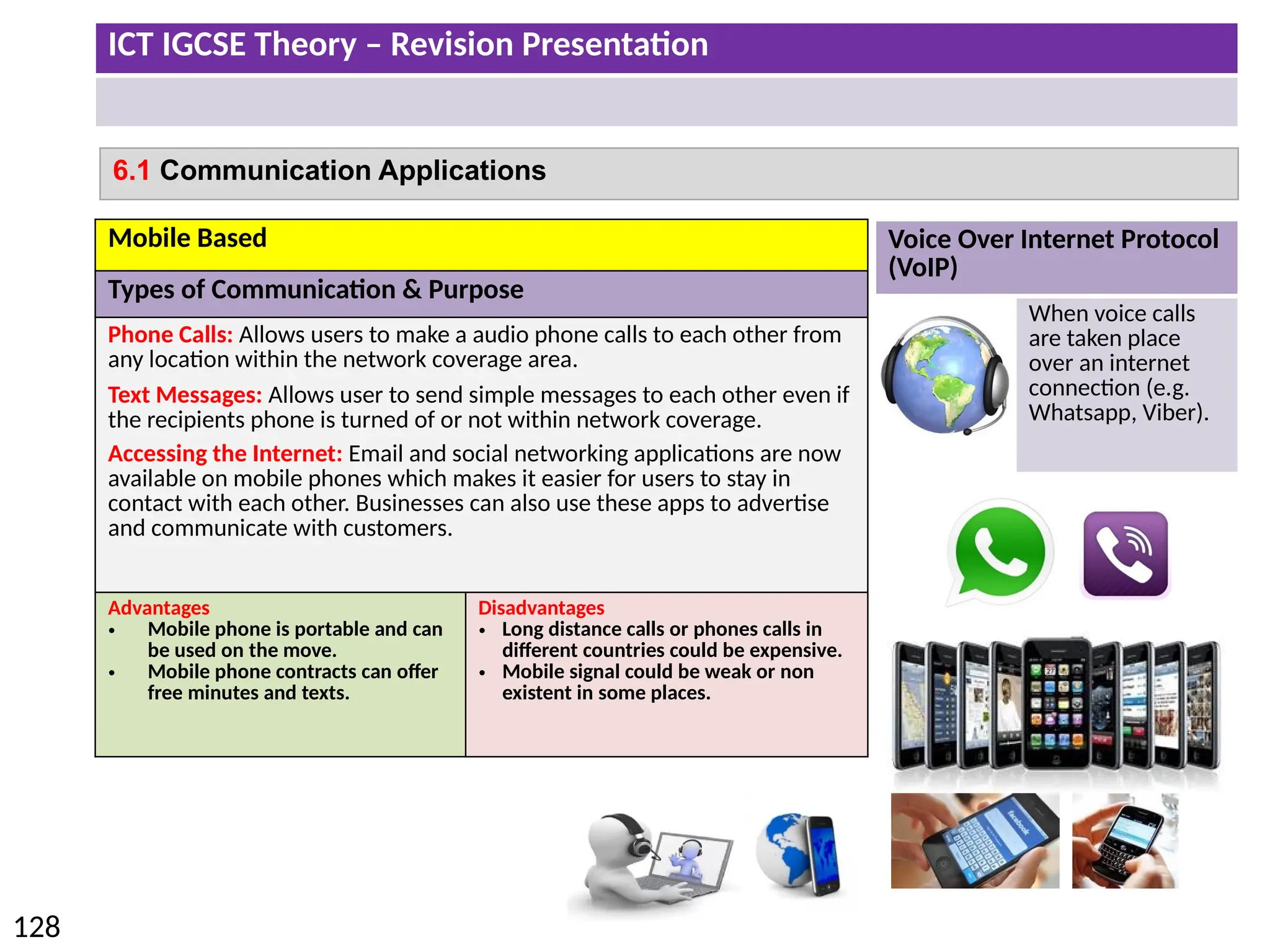ICT IGCSE Theory – Revision Presentation
128
6.1 Communication Applications
Mobile Based
Types of Communication & Purpose
Phone Calls: Allows users to make a audio phone calls to each other from
any location within the network coverage area.
Text Messages: Allows user to send simple messages to each other even if
the recipients phone is turned of or not within network coverage.
Accessing the Internet: Email and social networking applications are now
available on mobile phones which makes it easier for users to stay in
contact with each other. Businesses can also use these apps to advertise
and communicate with customers.
Advantages
• Mobile phone is portable and can
be used on the move.
• Mobile phone contracts can offer
free minutes and texts.
Disadvantages
• Long distance calls or phones calls in
different countries could be expensive.
• Mobile signal could be weak or non
existent in some places.
Voice Over Internet Protocol
(VoIP)
When voice calls
are taken place
over an internet
connection (e.g.
Whatsapp, Viber).
 