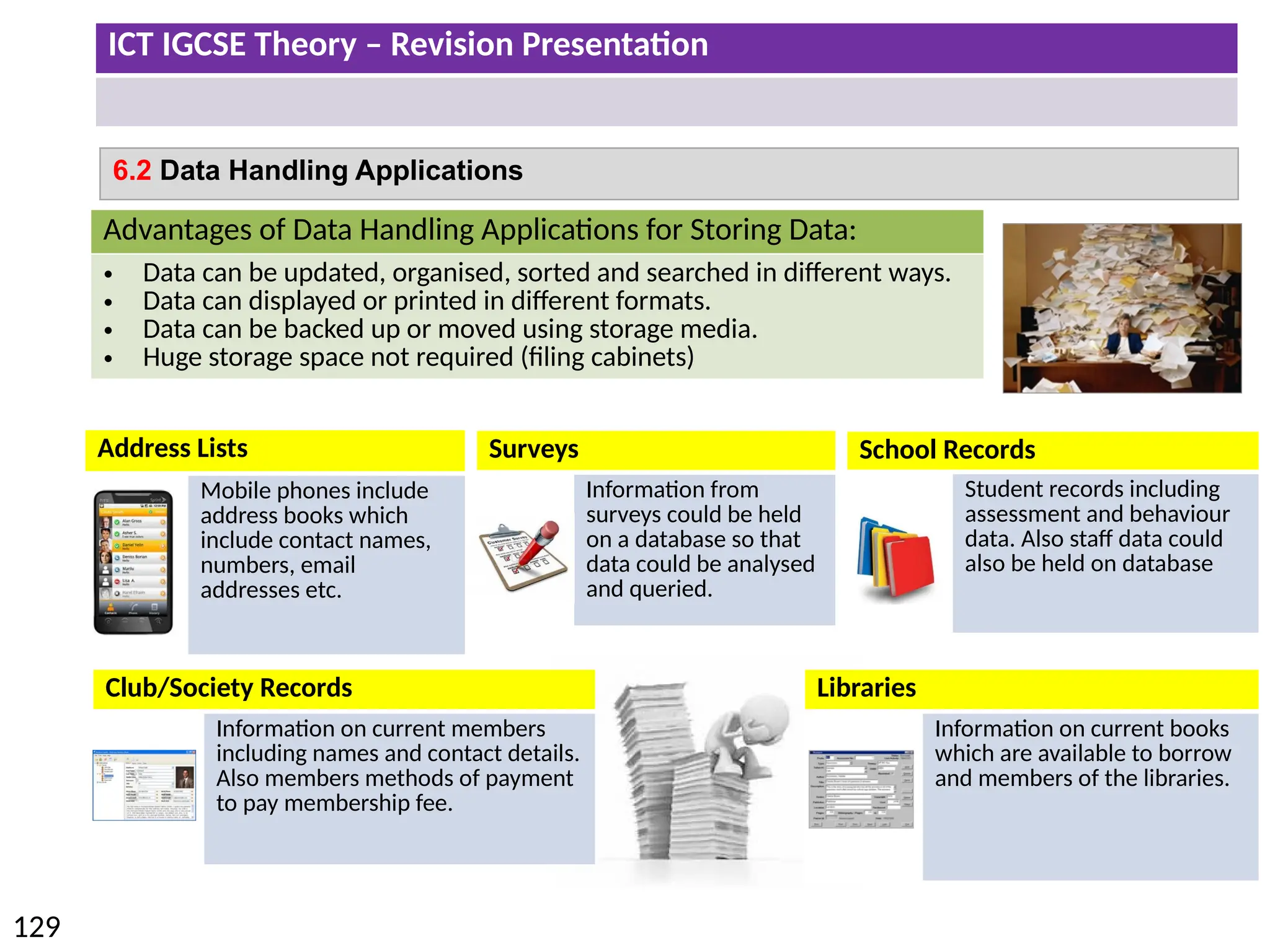 ICT IGCSE Theory – Revision Presentation
129
6.2 Data Handling Applications
Address Lists
Mobile phones include
address books which
include contact names,
numbers, email
addresses etc.
School Records
Student records including
assessment and behaviour
data. Also staff data could
also be held on database
Club/Society Records
Information on current members
including names and contact details.
Also members methods of payment
to pay membership fee.
Libraries
Information on current books
which are available to borrow
and members of the libraries.
Surveys
Information from
surveys could be held
on a database so that
data could be analysed
and queried.
Advantages of Data Handling Applications for Storing Data:
• Data can be updated, organised, sorted and searched in different ways.
• Data can displayed or printed in different formats.
• Data can be backed up or moved using storage media.
• Huge storage space not required (filing cabinets)
 