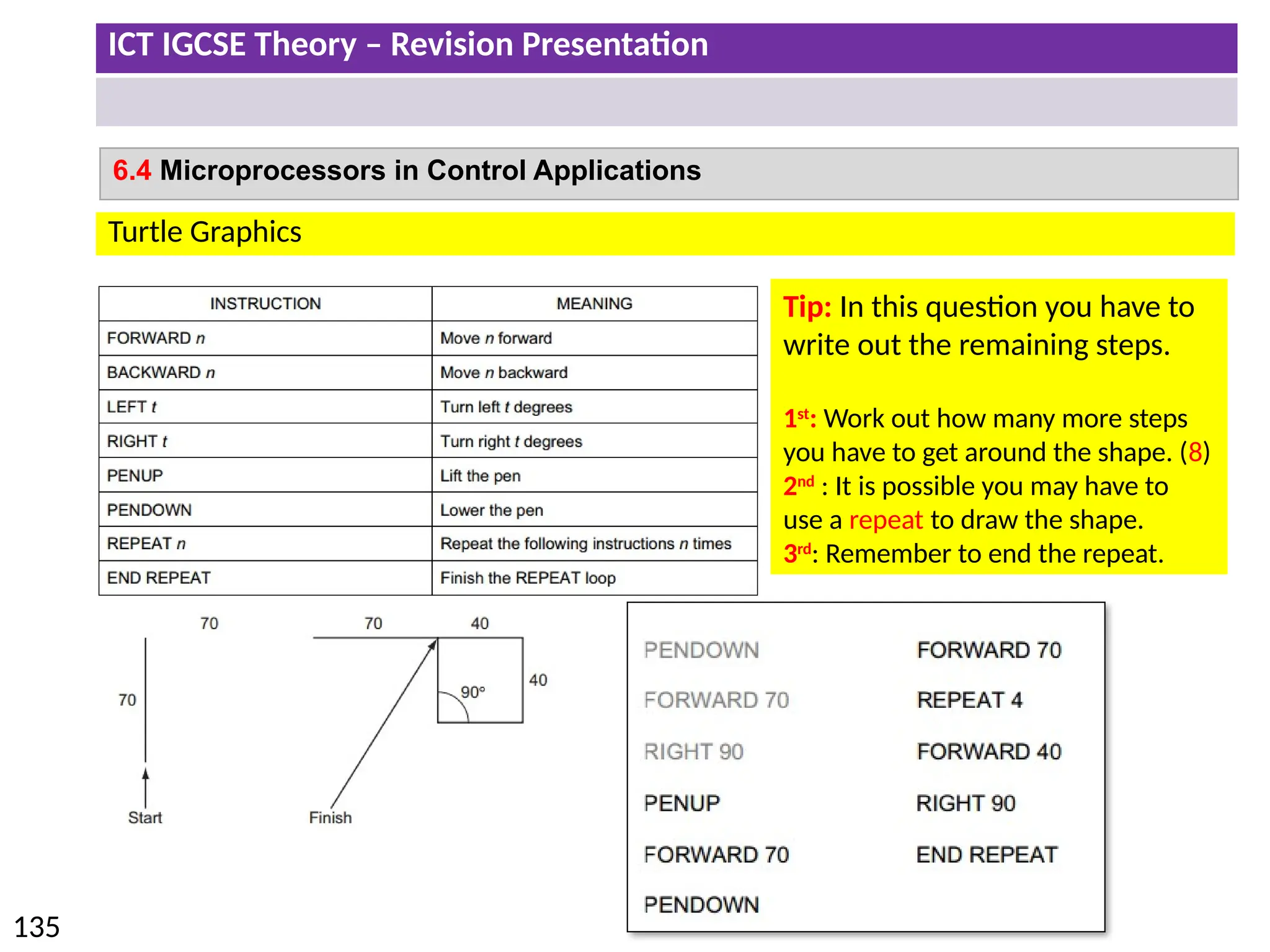 ICT IGCSE Theory – Revision Presentation
135
6.4 Microprocessors in Control Applications
Turtle Graphics
Tip: In this question you have to
write out the remaining steps.
1st
: Work out how many more steps
you have to get around the shape. (8)
2nd
: It is possible you may have to
use a repeat to draw the shape.
3rd
: Remember to end the repeat.
 
