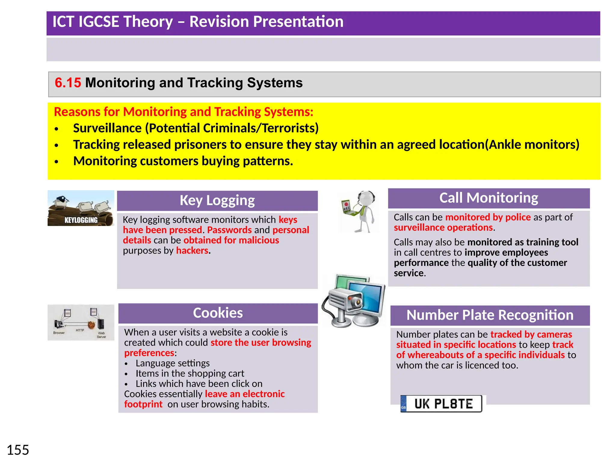 ICT IGCSE Theory – Revision Presentation
155
Key Logging
Key logging software monitors which keys
have been pressed. Passwords and personal
details can be obtained for malicious
purposes by hackers.
6.15 Monitoring and Tracking Systems
Reasons for Monitoring and Tracking Systems:
• Surveillance (Potential Criminals/Terrorists)
• Tracking released prisoners to ensure they stay within an agreed location(Ankle monitors)
• Monitoring customers buying patterns.
Cookies
When a user visits a website a cookie is
created which could store the user browsing
preferences:
• Language settings
• Items in the shopping cart
• Links which have been click on
Cookies essentially leave an electronic
footprint on user browsing habits.
Call Monitoring
Calls can be monitored by police as part of
surveillance operations.
Calls may also be monitored as training tool
in call centres to improve employees
performance the quality of the customer
service.
Number Plate Recognition
Number plates can be tracked by cameras
situated in specific locations to keep track
of whereabouts of a specific individuals to
whom the car is licenced too.
 