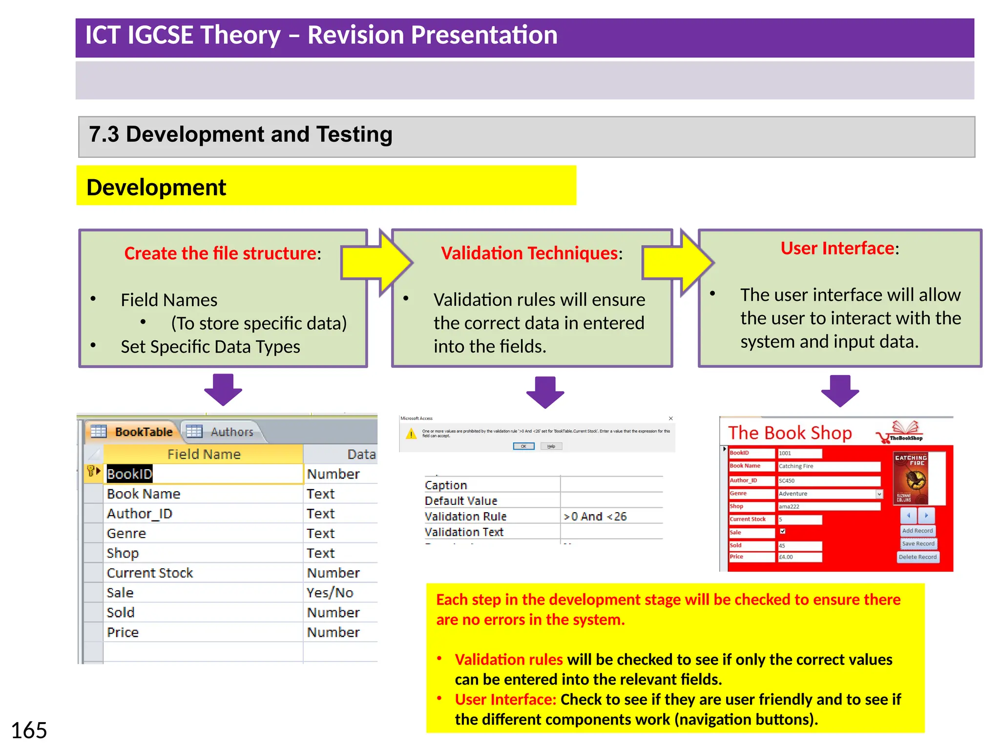 ICT IGCSE Theory – Revision Presentation
165
7.3 Development and Testing
Development
Create the file structure:
• Field Names
• (To store specific data)
• Set Specific Data Types
Validation Techniques:
• Validation rules will ensure
the correct data in entered
into the fields.
User Interface:
• The user interface will allow
the user to interact with the
system and input data.
Each step in the development stage will be checked to ensure there
are no errors in the system.
• Validation rules will be checked to see if only the correct values
can be entered into the relevant fields.
• User Interface: Check to see if they are user friendly and to see if
the different components work (navigation buttons).
 
