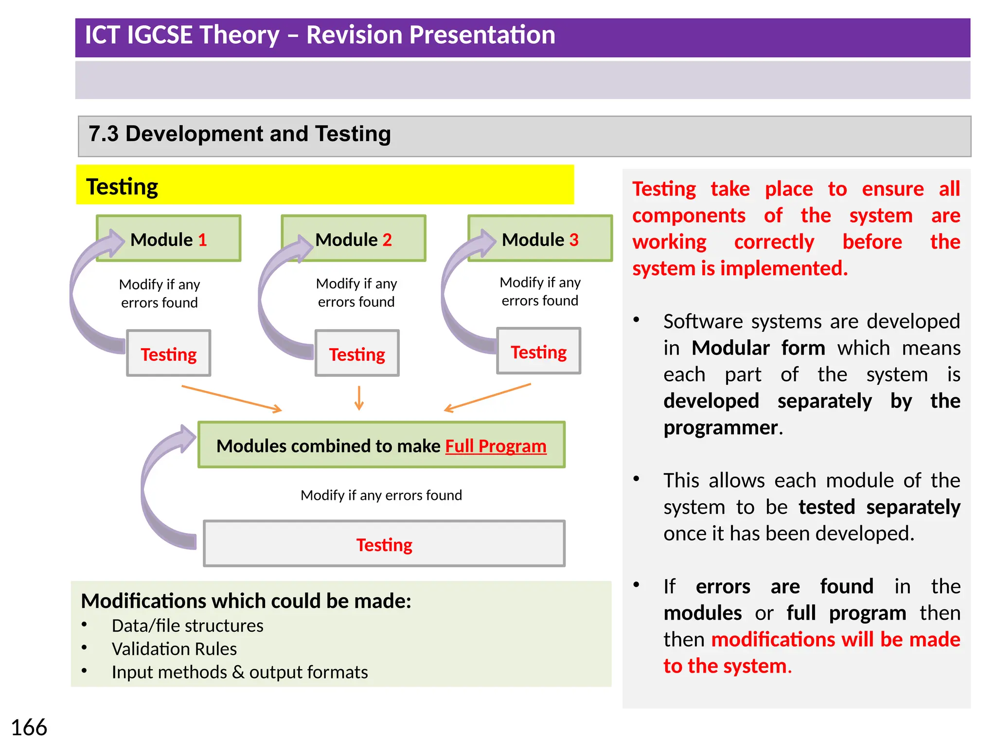 ICT IGCSE Theory – Revision Presentation
166
7.3 Development and Testing
Testing take place to ensure all
components of the system are
working correctly before the
system is implemented.
• Software systems are developed
in Modular form which means
each part of the system is
developed separately by the
programmer.
• This allows each module of the
system to be tested separately
once it has been developed.
• If errors are found in the
modules or full program then
then modifications will be made
to the system.
Module 1 Module 2 Module 3
Testing Testing Testing
Modules combined to make Full Program
Testing
Testing
Modify if any
errors found
Modify if any
errors found
Modify if any
errors found
Modify if any errors found
Modifications which could be made:
• Data/file structures
• Validation Rules
• Input methods & output formats
 