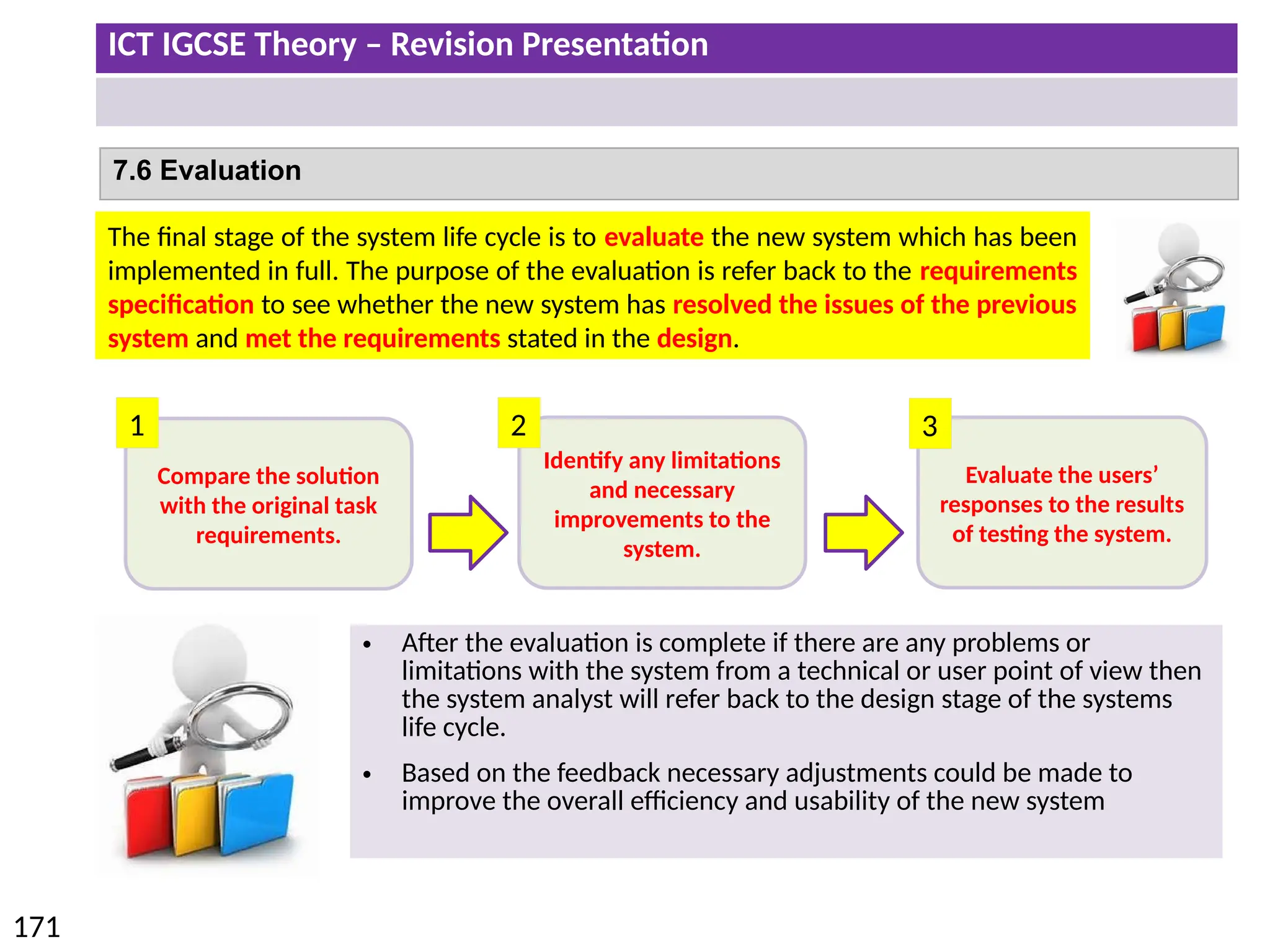 ICT IGCSE Theory – Revision Presentation
171
7.6 Evaluation
The final stage of the system life cycle is to evaluate the new system which has been
implemented in full. The purpose of the evaluation is refer back to the requirements
specification to see whether the new system has resolved the issues of the previous
system and met the requirements stated in the design.
Compare the solution
with the original task
requirements.
Identify any limitations
and necessary
improvements to the
system.
Evaluate the users’
responses to the results
of testing the system.
1 2 3
• After the evaluation is complete if there are any problems or
limitations with the system from a technical or user point of view then
the system analyst will refer back to the design stage of the systems
life cycle.
• Based on the feedback necessary adjustments could be made to
improve the overall efficiency and usability of the new system
 