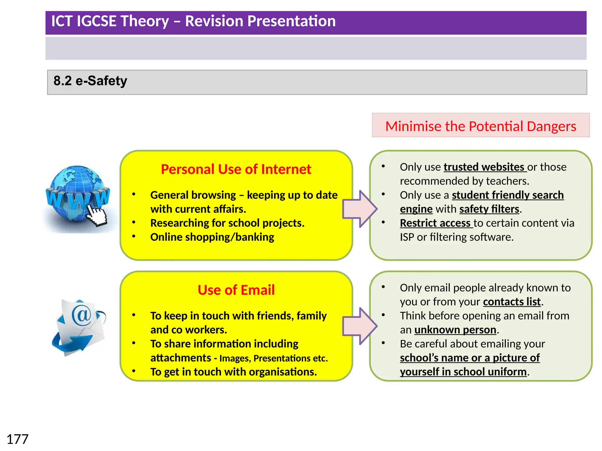 ICT IGCSE Theory – Revision Presentation
177
8.2 e-Safety
• Only use trusted websites or those
recommended by teachers.
• Only use a student friendly search
engine with safety filters.
• Restrict access to certain content via
ISP or filtering software.
Personal Use of Internet
• General browsing – keeping up to date
with current affairs.
• Researching for school projects.
• Online shopping/banking
Minimise the Potential Dangers
Use of Email
• To keep in touch with friends, family
and co workers.
• To share information including
attachments - Images, Presentations etc.
• To get in touch with organisations.
• Only email people already known to
you or from your contacts list.
• Think before opening an email from
an unknown person.
• Be careful about emailing your
school’s name or a picture of
yourself in school uniform.
 