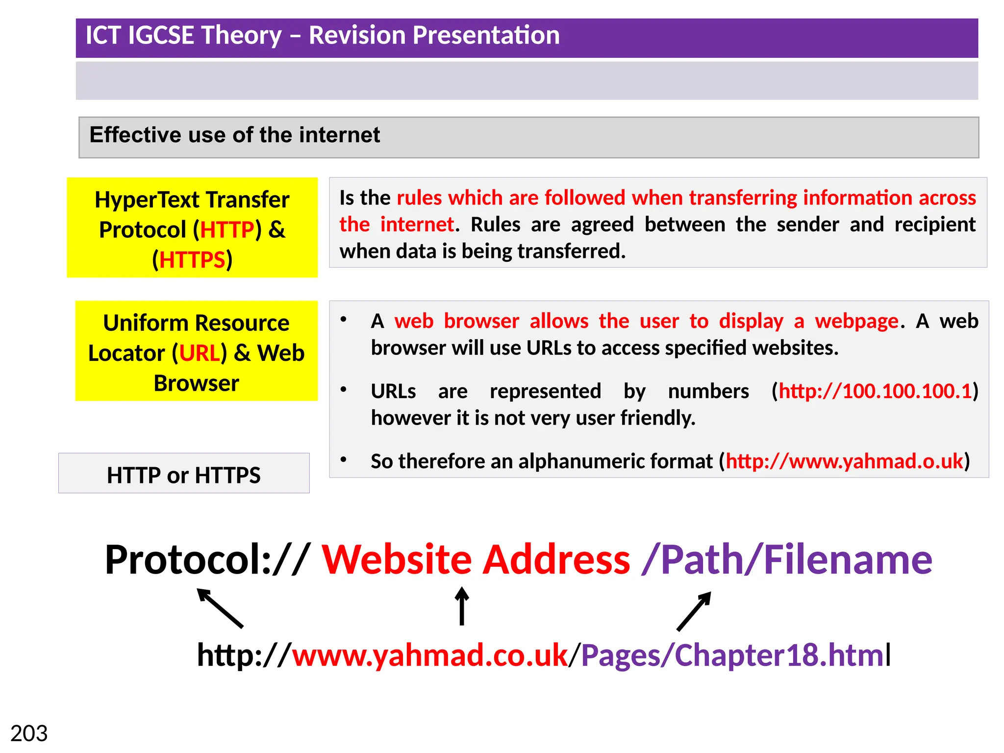 ICT IGCSE Theory – Revision Presentation
203
Effective use of the internet
Protocol:// Website Address /Path/Filename
Is the rules which are followed when transferring information across
the internet. Rules are agreed between the sender and recipient
when data is being transferred.
HyperText Transfer
Protocol (HTTP) &
(HTTPS)
Uniform Resource
Locator (URL) & Web
Browser
• A web browser allows the user to display a webpage. A web
browser will use URLs to access specified websites.
• URLs are represented by numbers (http://100.100.100.1)
however it is not very user friendly.
• So therefore an alphanumeric format (http://www.yahmad.o.uk)
HTTP or HTTPS
http://www.yahmad.co.uk/Pages/Chapter18.html
 