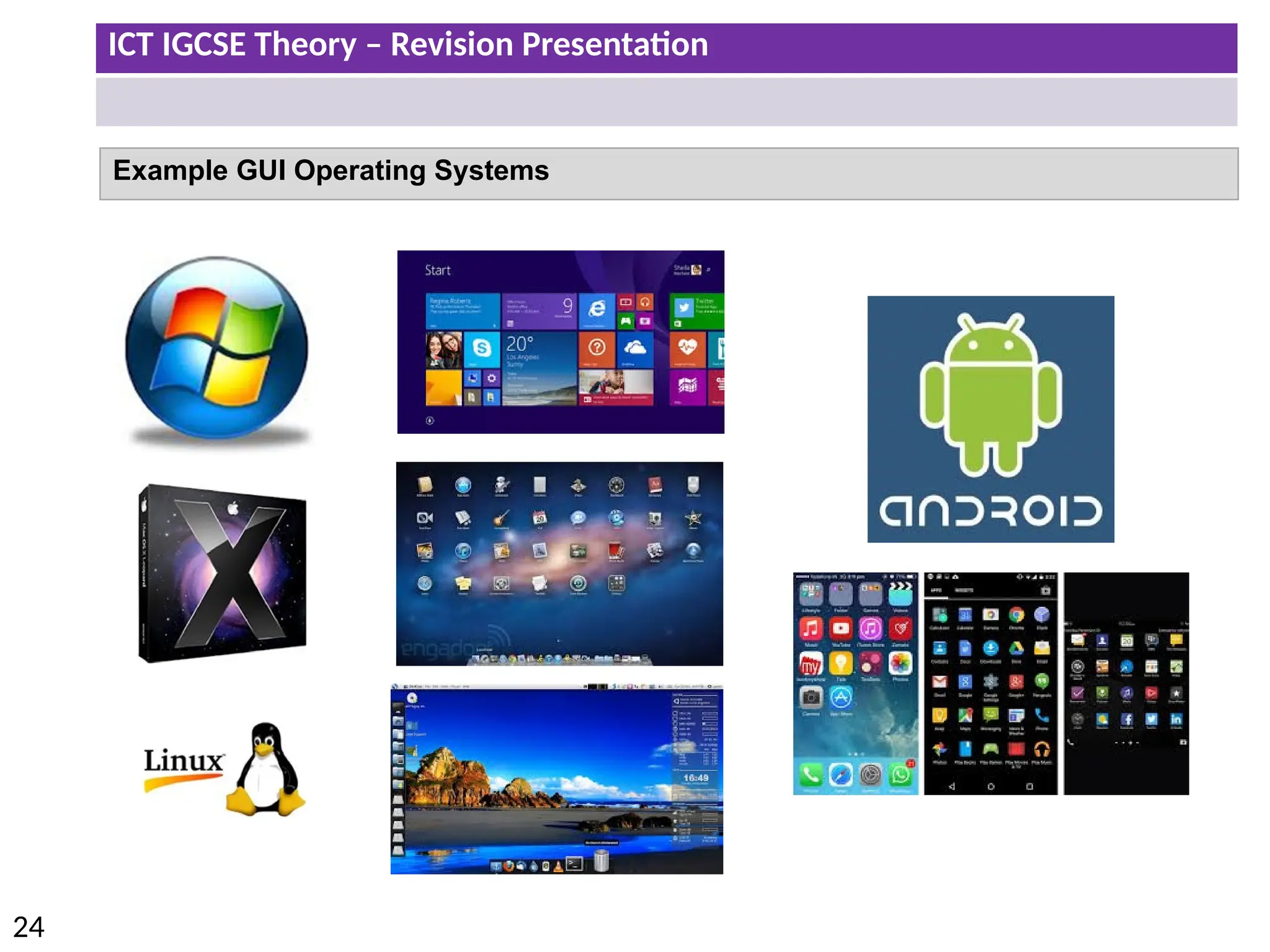 ICT IGCSE Theory – Revision Presentation
24
Example GUI Operating Systems
 