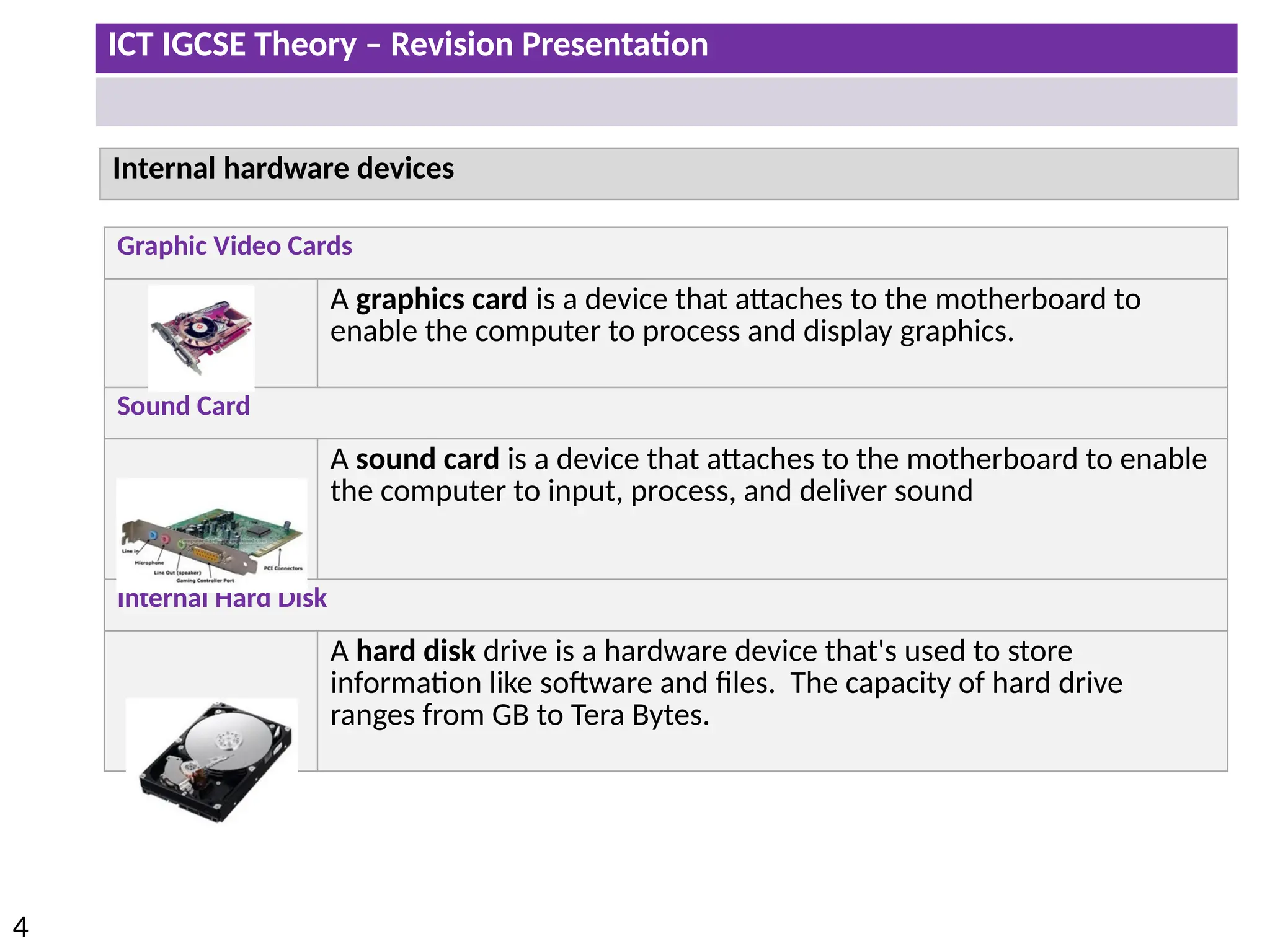 ICT IGCSE Theory – Revision Presentation
4
Internal hardware devices
Graphic Video Cards
A graphics card is a device that attaches to the motherboard to
enable the computer to process and display graphics.
Sound Card
A sound card is a device that attaches to the motherboard to enable
the computer to input, process, and deliver sound
Internal Hard Disk
A hard disk drive is a hardware device that's used to store
information like software and files. The capacity of hard drive
ranges from GB to Tera Bytes.
 