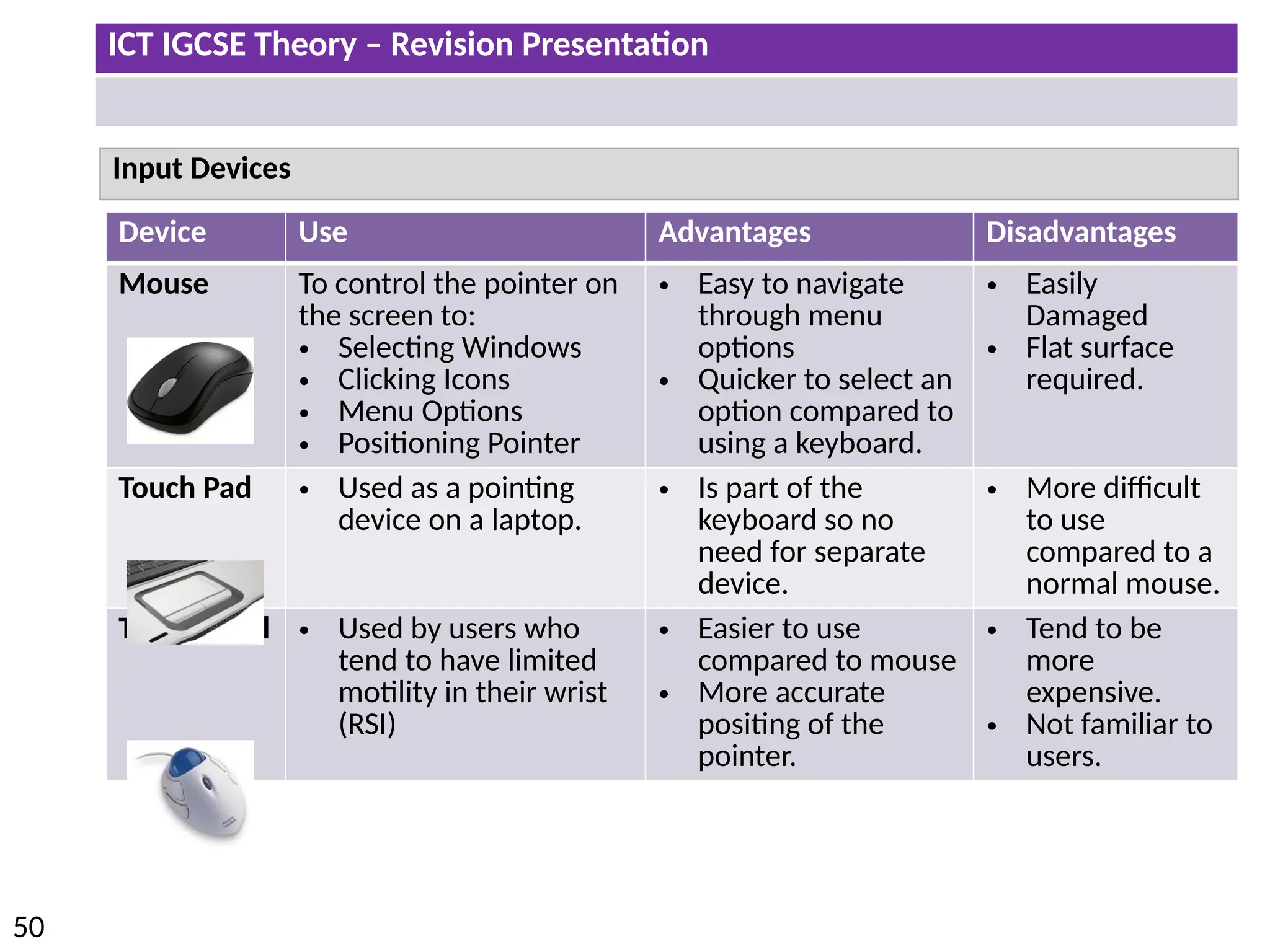 ICT IGCSE Theory – Revision Presentation
50
Input Devices
Device Use Advantages Disadvantages
Mouse To control the pointer on
the screen to:
• Selecting Windows
• Clicking Icons
• Menu Options
• Positioning Pointer
• Easy to navigate
through menu
options
• Quicker to select an
option compared to
using a keyboard.
• Easily
Damaged
• Flat surface
required.
Touch Pad • Used as a pointing
device on a laptop.
• Is part of the
keyboard so no
need for separate
device.
• More difficult
to use
compared to a
normal mouse.
Tracker Ball • Used by users who
tend to have limited
motility in their wrist
(RSI)
• Easier to use
compared to mouse
• More accurate
positing of the
pointer.
• Tend to be
more
expensive.
• Not familiar to
users.
 