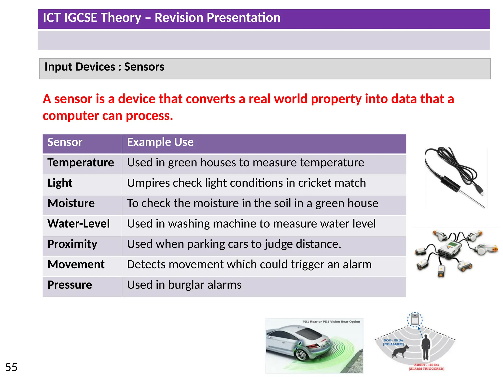 ICT IGCSE Theory – Revision Presentation
55
Input Devices : Sensors
Sensor Example Use
Temperature Used in green houses to measure temperature
Light Umpires check light conditions in cricket match
Moisture To check the moisture in the soil in a green house
Water-Level Used in washing machine to measure water level
Proximity Used when parking cars to judge distance.
Movement Detects movement which could trigger an alarm
Pressure Used in burglar alarms
A sensor is a device that converts a real world property into data that a
computer can process.
 