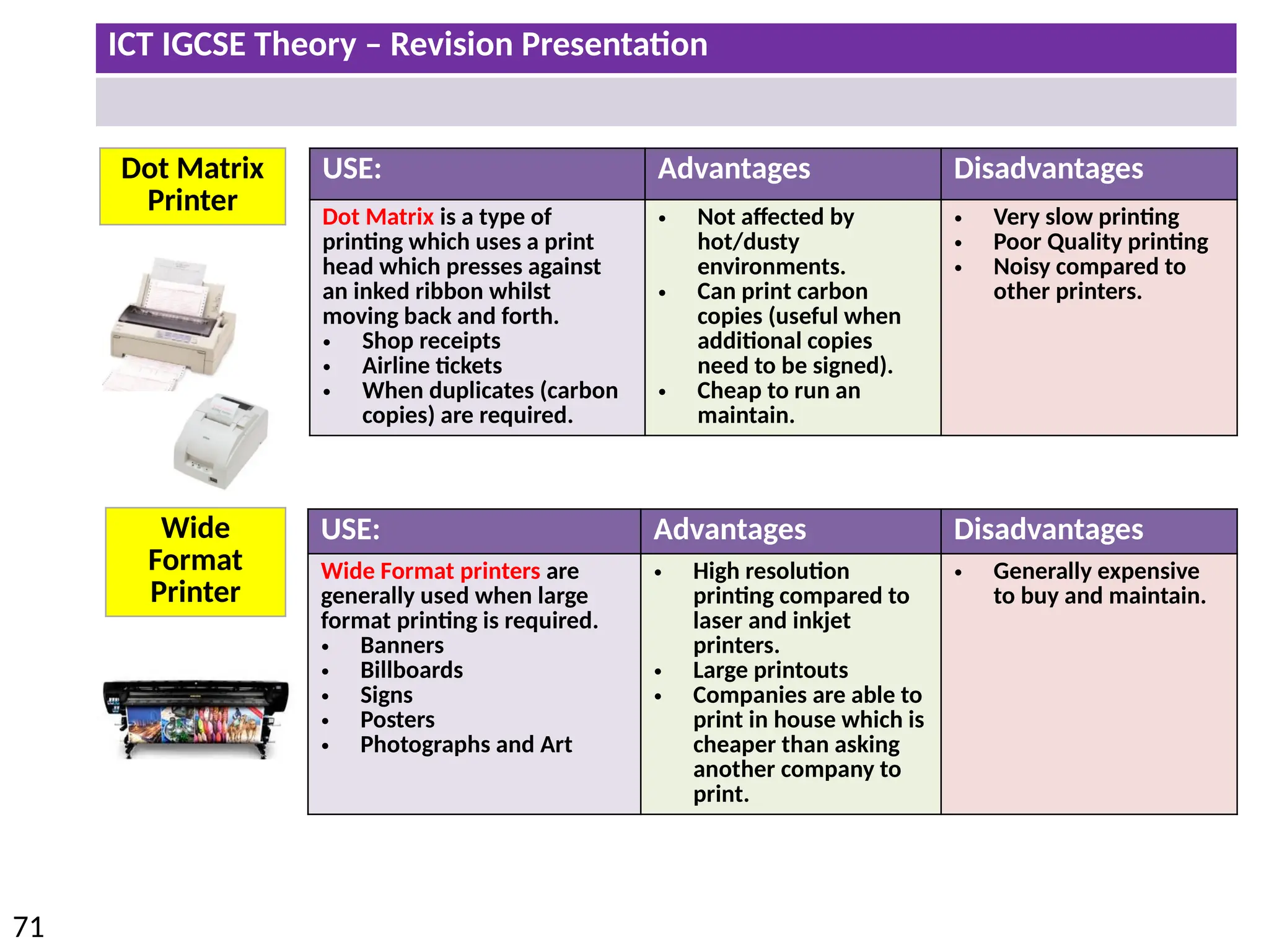ICT IGCSE Theory – Revision Presentation
71
Dot Matrix
Printer
Wide
Format
Printer
USE: Advantages Disadvantages
Dot Matrix is a type of
printing which uses a print
head which presses against
an inked ribbon whilst
moving back and forth.
• Shop receipts
• Airline tickets
• When duplicates (carbon
copies) are required.
• Not affected by
hot/dusty
environments.
• Can print carbon
copies (useful when
additional copies
need to be signed).
• Cheap to run an
maintain.
• Very slow printing
• Poor Quality printing
• Noisy compared to
other printers.
USE: Advantages Disadvantages
Wide Format printers are
generally used when large
format printing is required.
• Banners
• Billboards
• Signs
• Posters
• Photographs and Art
• High resolution
printing compared to
laser and inkjet
printers.
• Large printouts
• Companies are able to
print in house which is
cheaper than asking
another company to
print.
• Generally expensive
to buy and maintain.
 