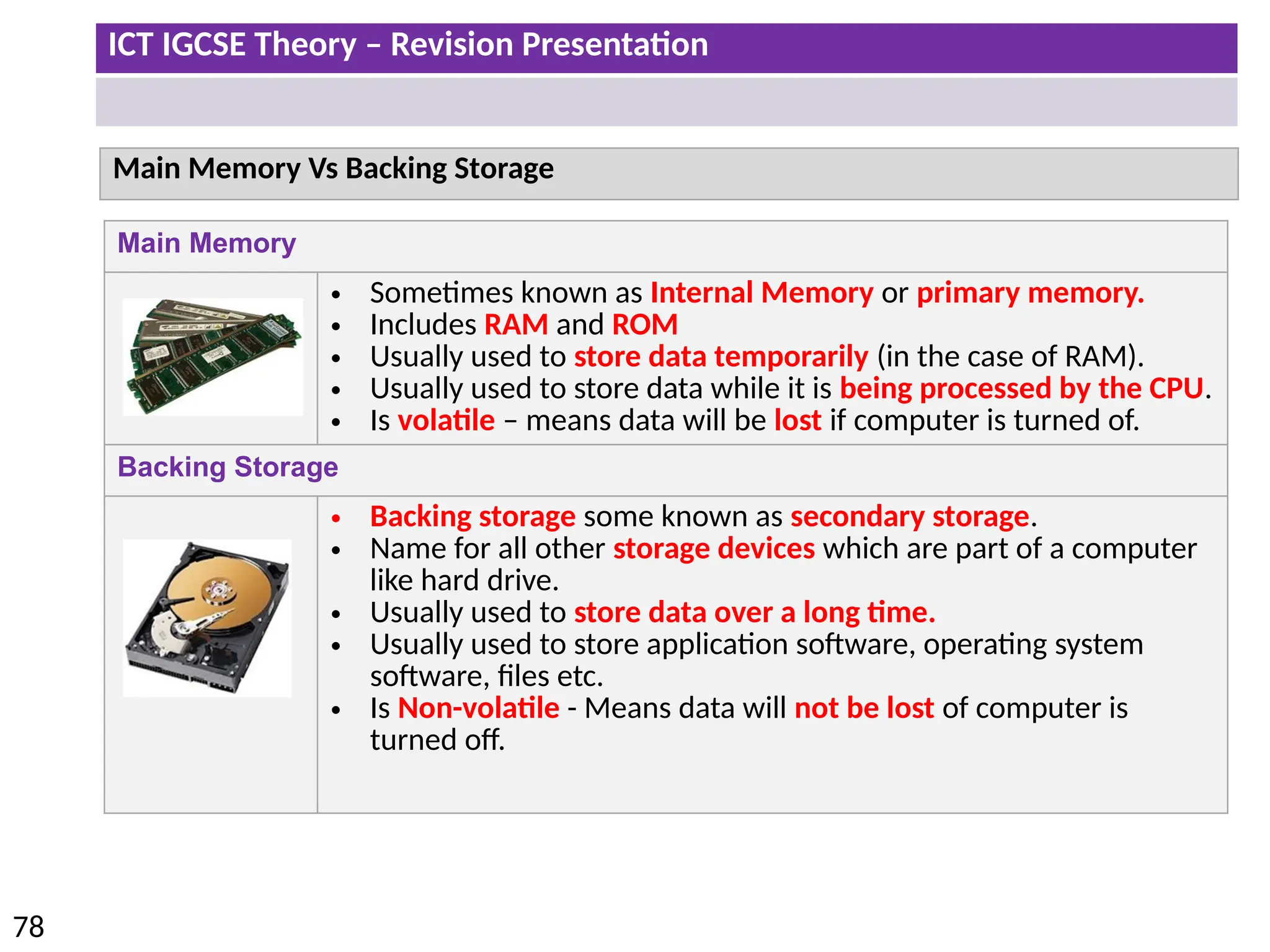 ICT IGCSE Theory – Revision Presentation
78
Main Memory
• Sometimes known as Internal Memory or primary memory.
• Includes RAM and ROM
• Usually used to store data temporarily (in the case of RAM).
• Usually used to store data while it is being processed by the CPU.
• Is volatile – means data will be lost if computer is turned of.
Backing Storage
• Backing storage some known as secondary storage.
• Name for all other storage devices which are part of a computer
like hard drive.
• Usually used to store data over a long time.
• Usually used to store application software, operating system
software, files etc.
• Is Non-volatile - Means data will not be lost of computer is
turned off.
Main Memory Vs Backing Storage
 