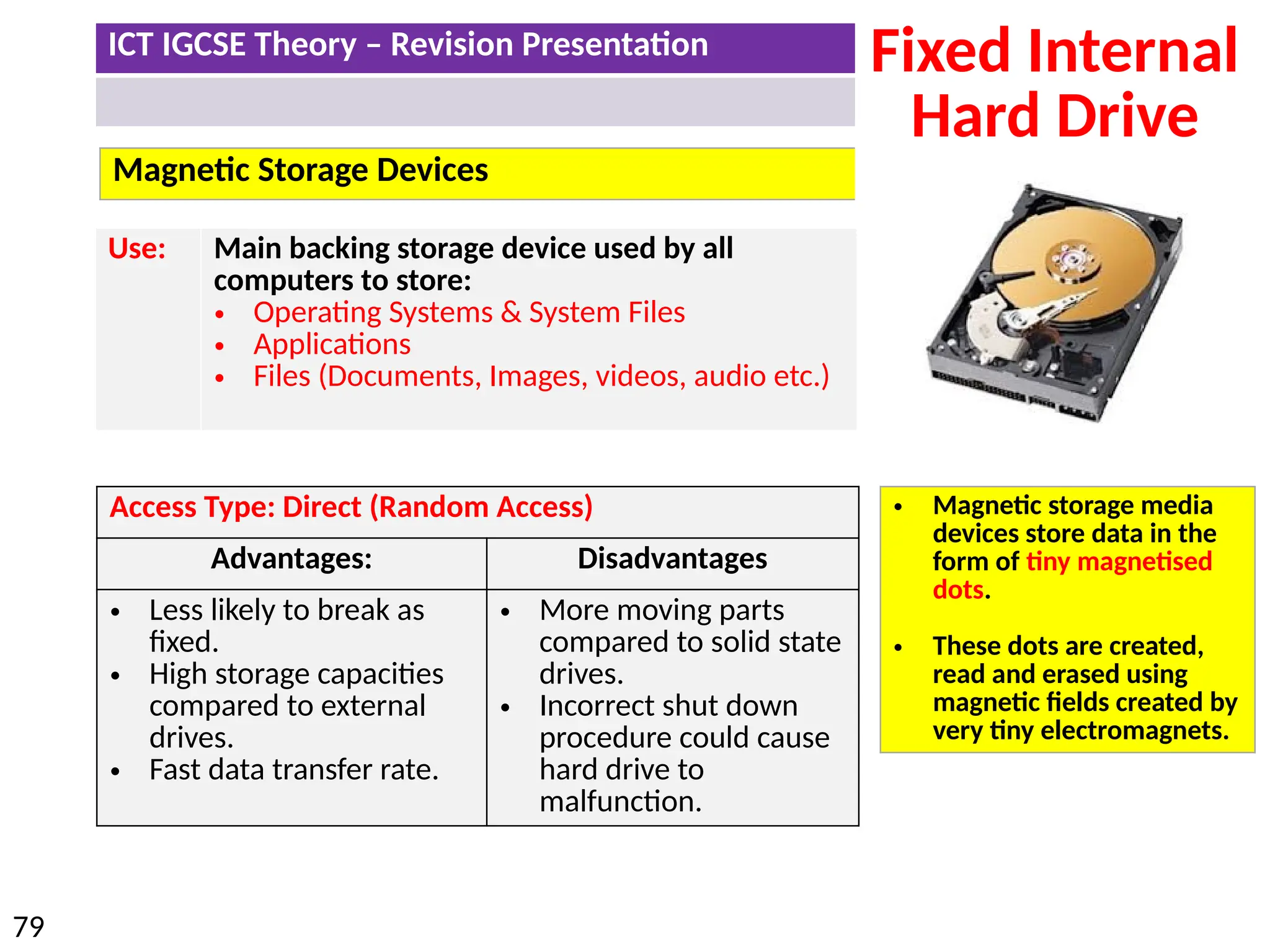 ICT IGCSE Theory – Revision Presentation
79
Magnetic Storage Devices
Fixed Internal
Hard Drive
Access Type: Direct (Random Access)
Advantages: Disadvantages
• Less likely to break as
fixed.
• High storage capacities
compared to external
drives.
• Fast data transfer rate.
• More moving parts
compared to solid state
drives.
• Incorrect shut down
procedure could cause
hard drive to
malfunction.
Use: Main backing storage device used by all
computers to store:
• Operating Systems & System Files
• Applications
• Files (Documents, Images, videos, audio etc.)
• Magnetic storage media
devices store data in the
form of tiny magnetised
dots.
• These dots are created,
read and erased using
magnetic fields created by
very tiny electromagnets.
 