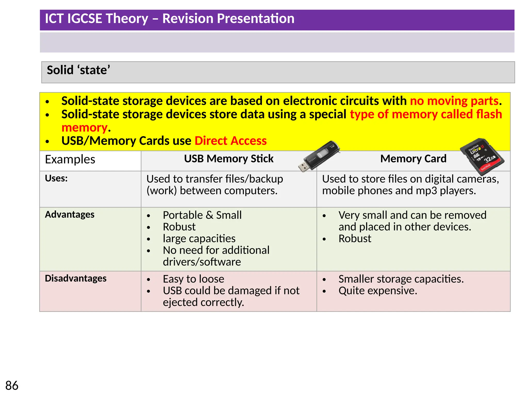 ICT IGCSE Theory – Revision Presentation
86
Solid ‘state’
• Solid-state storage devices are based on electronic circuits with no moving parts.
• Solid-state storage devices store data using a special type of memory called flash
memory.
• USB/Memory Cards use Direct Access
Examples USB Memory Stick Memory Card
Uses: Used to transfer files/backup
(work) between computers.
Used to store files on digital cameras,
mobile phones and mp3 players.
Advantages • Portable & Small
• Robust
• large capacities
• No need for additional
drivers/software
• Very small and can be removed
and placed in other devices.
• Robust
Disadvantages • Easy to loose
• USB could be damaged if not
ejected correctly.
• Smaller storage capacities.
• Quite expensive.
 