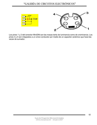 “GALERÍA DE CIRCUITOS ELECTRÓNICOS”
Guía de Proyectos Microcontrolados
Última Actualización: Octubre/2007
12
Los pines 1 y 2 del conector MiniDIN son las masas tanto de luminancia como de crominancia. Los
pines 3 y 4 son integrados a un único conductor por medio de un capacitor cerámico que hace las
veces de sumador.
 