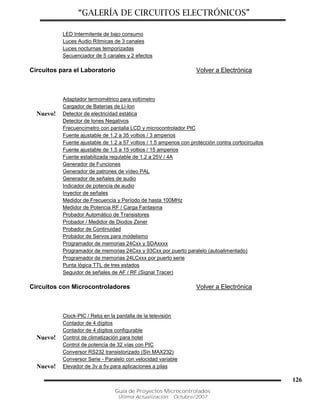 “GALERÍA DE CIRCUITOS ELECTRÓNICOS”
Guía de Proyectos Microcontrolados
Última Actualización: Octubre/2007
126
LED Intermitente de bajo consumo
Luces Audio Rítmicas de 3 canales
Luces nocturnas temporizadas
Secuenciador de 5 canales y 2 efectos
Circuitos para el Laboratorio Volver a Electrónica
Adaptador termométrico para voltímetro
Cargador de Baterías de Li-Ion
Nuevo! Detector de electricidad estática
Detector de Iones Negativos
Frecuencímetro con pantalla LCD y microcontrolador PIC
Fuente ajustable de 1.2 a 35 voltios / 3 amperios
Fuente ajustable de 1.2 a 57 voltios / 1.5 amperios con protección contra cortocircuitos
Fuente ajustable de 1.5 a 15 voltios / 15 amperios
Fuente estabilizada regulable de 1.2 a 25V / 4A
Generador de Funciones
Generador de patrones de vídeo PAL
Generador de señales de audio
Indicador de potencia de audio
Inyector de señales
Medidor de Frecuencia y Período de hasta 100MHz
Medidor de Potencia RF / Carga Fantasma
Probador Automático de Transistores
Probador / Medidor de Diodos Zener
Probador de Continuidad
Probador de Servos para modelismo
Programador de memorias 24Cxx y SDAxxxx
Programador de memorias 24Cxx y 93Cxx por puerto paralelo (autoalimentado)
Programador de memorias 24LCxxx por puerto serie
Punta lógica TTL de tres estados
Seguidor de señales de AF / RF (Signal Tracer)
Circuitos con Microcontroladores Volver a Electrónica
Clock-PIC / Reloj en la pantalla de la televisión
Contador de 4 dígitos
Contador de 4 dígitos configurable
Nuevo! Control de climatización para hotel
Control de potencia de 32 vías con PIC
Conversor RS232 transistorizado (Sin MAX232)
Conversor Serie - Paralelo con velocidad variable
Nuevo! Elevador de 3v a 5v para aplicaciones a pilas
 