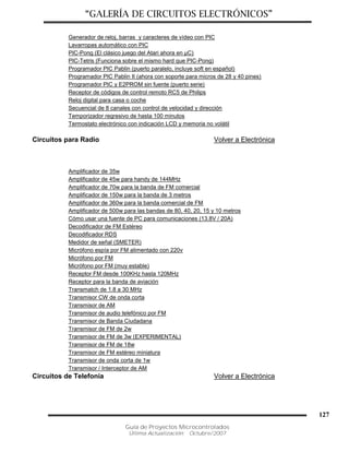 “GALERÍA DE CIRCUITOS ELECTRÓNICOS”
Guía de Proyectos Microcontrolados
Última Actualización: Octubre/2007
127
Generador de reloj, barras y caracteres de vídeo con PIC
Lavarropas automático con PIC
PIC-Pong (El clásico juego del Atari ahora en µC)
PIC-Tetris (Funciona sobre el mismo hard que PIC-Pong)
Programador PIC Pablin (puerto paralelo, incluye soft en español)
Programador PIC Pablin II (ahora con soporte para micros de 28 y 40 pines)
Programador PIC y E2PROM sin fuente (puerto serie)
Receptor de códigos de control remoto RC5 de Philips
Reloj digital para casa o coche
Secuencial de 8 canales con control de velocidad y dirección
Temporizador regresivo de hasta 100 minutos
Termostato electrónico con indicación LCD y memoria no volátil
Circuitos para Radio Volver a Electrónica
Amplificador de 35w
Amplificador de 45w para handy de 144MHz
Amplificador de 70w para la banda de FM comercial
Amplificador de 150w para la banda de 3 metros
Amplificador de 360w para la banda comercial de FM
Amplificador de 500w para las bandas de 80, 40, 20, 15 y 10 metros
Cómo usar una fuente de PC para comunicaciones (13.8V / 20A)
Decodificador de FM Estéreo
Decodificador RDS
Medidor de señal (SMETER)
Micrófono espía por FM alimentado con 220v
Micrófono por FM
Micrófono por FM (muy estable)
Receptor FM desde 100KHz hasta 120MHz
Receptor para la banda de aviación
Transmatch de 1.8 a 30 MHz
Transmisor CW de onda corta
Transmisor de AM
Transmisor de audio telefónico por FM
Transmisor de Banda Ciudadana
Transmisor de FM de 2w
Transmisor de FM de 3w (EXPERIMENTAL)
Transmisor de FM de 18w
Transmisor de FM estéreo miniatura
Transmisor de onda corta de 1w
Transmisor / Interceptor de AM
Circuitos de Telefonía Volver a Electrónica
 