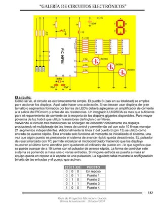 “GALERÍA DE CIRCUITOS ELECTRÓNICOS”
Guía de Proyectos Microcontrolados
Última Actualización: Octubre/2007
143
El circuito:
Como se ve, el circuito es extremadamente simple. El puerto B (casi en su totalidad) se emplea
para accionar los displays. Aquí cabe hacer una aclaración. Si se desean usar displays de gran
tamaño o segmentos formados por barras de LED's deberá agregarse un amplificador de corriente
a la salida del PICmicro y antes de las resistencias. Un integrado ULN2803A es mas que suficiente
para el requerimiento de corriente de la mayoría de los displays gigantes disponibles. Para mayor
potencia de luz habrá que utilizar transistores darlington o similares.
Volviendo al circuito tres transistores se encargan de encender cíclicamente los displays
produciendo el multiplexaje de las líneas de control y permitiendo así con solo 10 líneas manejar
21 segmentos independientes. Adicionalmente la línea 7 del puerto B (pin 13) se utilizó como
entrada de avance rápido. Esta entrada solo funciona al momento de inicializado el sistema, una
vez que algún puesto es presionado el sistema de avance rápido queda desactivado. EL pulsador
de reset (marcado con 'R') permite inicializar el microcontrolador haciendo que los displays
muestren el último turno atendido pero quedando el indicador de puesto en - lo que significa que
se puede avanzar de a 10 turnos con el pulsador de avance rápido. La forma de controlar este
sistema es poniendo a masa una o varias entradas. Si ninguna entrada es puesta a masa el
equipo queda en reposo a la espera de una pulsación. La siguiente tabla muestra la configuración
binaria de las entradas y el puesto que activan.
E2 E1 E0 PUESTO
0 0 0 En reposo
0 0 1 Puesto 1
0 1 0 Puesto 2
0 1 1 Puesto 3
1 0 0 Puesto 4
 