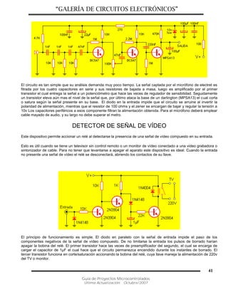 “GALERÍA DE CIRCUITOS ELECTRÓNICOS”
Guía de Proyectos Microcontrolados
Última Actualización: Octubre/2007
41
El circuito es tan simple que su análisis demanda muy poco tiempo. La señal captada por el micrófono de electret es
fitrada por los cuatro capacitores en serie y sus resistores de bajada a masa, luego es amplificado por el primer
transistor el cual entrega la señal a un potenciómetro que hace las veces de regulador de sensibilidad. Seguidamente
un transistor eleva aún mas el nivel de la señal que, por último ataca la base de un darlington (MPSA13) el cual corta
o satura según la señal presente en su base. El diodo en la entrada impide que el circuito se arruine al invertir la
polaridad de alimentación, mientras que el resistor de 100 ohms y el zener se encargan de bajar y regular la tensión a
10v Los capacitores periféricos a esos componente filtran la alimentación obtenida. Para el micrófono deberá emplear
cable mayado de audio, y su largo no debe superar el metro.
DETECTOR DE SEÑAL DE VÍDEO
Este dispositivo permite accionar un relé al detectarse la presencia de una señal de vídeo compuesto en su entrada.
Esto es útil cuando se tiene un televisor sin control remoto o un monitor de vídeo conectado a una video grabadora o
sintonizador de cable. Para no tener que levantarse a apagar el aparato este dispositivo es ideal. Cuando la entrada
no presente una señal de vídeo el relé se desconectará, abriendo los contactos de su llave.
El principio de funcionamiento es simple. El diodo en paralelo con la señal de entrada impide el paso de los
componentes negativos de la señal de vídeo compuesto. De no limitarse la entrada los pulsos de borrado harían
apagar la bobina del relé. El primer transistor hace las veces de preamplificador del segundo, el cual se encarga de
cargar el capacitor de 1µF el cual hace que el circuito permanezca encendido durante los instantes de borrado. El
tercer transistor funciona en corte/saturación accionando la bobina del relé, cuya llave maneja la alimentación de 220v
del TV o monitor.
 