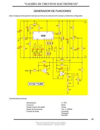 “GALERÍA DE CIRCUITOS ELECTRÓNICOS”
Guía de Proyectos Microcontrolados
Última Actualización: Octubre/2007
54
GENERADOR DE FUNCIONES
Este montaje permite generar todo tipo de formas de onda de forma simple y totalmente configurable.
Características técnicas:
Alimentación: +/- 15V
Consumo: 30mA
Voltaje máximo de salida: 14Vpp
Rango de frecuencias: 1Hz a 100KHz
Formas de Onda: Cuadrada
Triangular
Senoidal
 