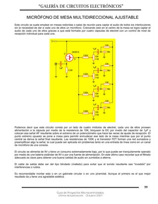 “GALERÍA DE CIRCUITOS ELECTRÓNICOS”
Guía de Proyectos Microcontrolados
Última Actualización: Octubre/2007
59
MICRÓFONO DE MESA MULTIDIRECCIONAL AJUSTABLE
Este circuito se suele emplear en mesas redondas o salas de reunión para captar el audio de todos los interlocutores
sin la necesidad de dar a cada uno de ellos un micrófono. Colocando esto en el centro de la mesa se logra captar el
audio de cada uno de ellos gracias a que está formado por cuatro cápsulas de electret con un control de nivel de
recepción individual para cada una.
Podemos decir que este circuito consta por un lado de cuatro módulos de electret, cada uno de ellos proveen
alimentación a la cápsula por medio de la resistencia de 10K, bloquean la DC por medio del capacitor de 1µF y
colocan esa señal AF resultante sobre el extremo de un potenciómetro que hace las veces de ajuste de recepción. El
punto extremo opuesto se pone a masa para permitir enmudecer ese lado de la mesa mientras que por el punto
central se deriva la señal final resultante. Las resistencias de 100K y el transistor FET forman una red sumadora y
preamplifican algo la señal, la cual puede ser aplicada sin problemas tanto en una entrada de línea como en un canal
de micrófono de una consola.
El circuito se alimenta de 9V y tiene un consumo extremadamente bajo, por lo que puede ser tranquilamente operado
por medio de una batería estándar de 9V o por una fuente de alimentación. En este último caso recordar que el filtrado
adecuado es clave para obtener una buena calidad de audio sin zumbidos a alterna.
El cable de salida debe ser del tipo blindado (mallado) para evitar que el sonido resultante sea "invadido" por
interferencias o ruidos.
Es recomendable montar esto o en un gabinete circular o en uno piramidal. Aunque el primero es el que mejor
resultado da y tiene una agradable estética.
 